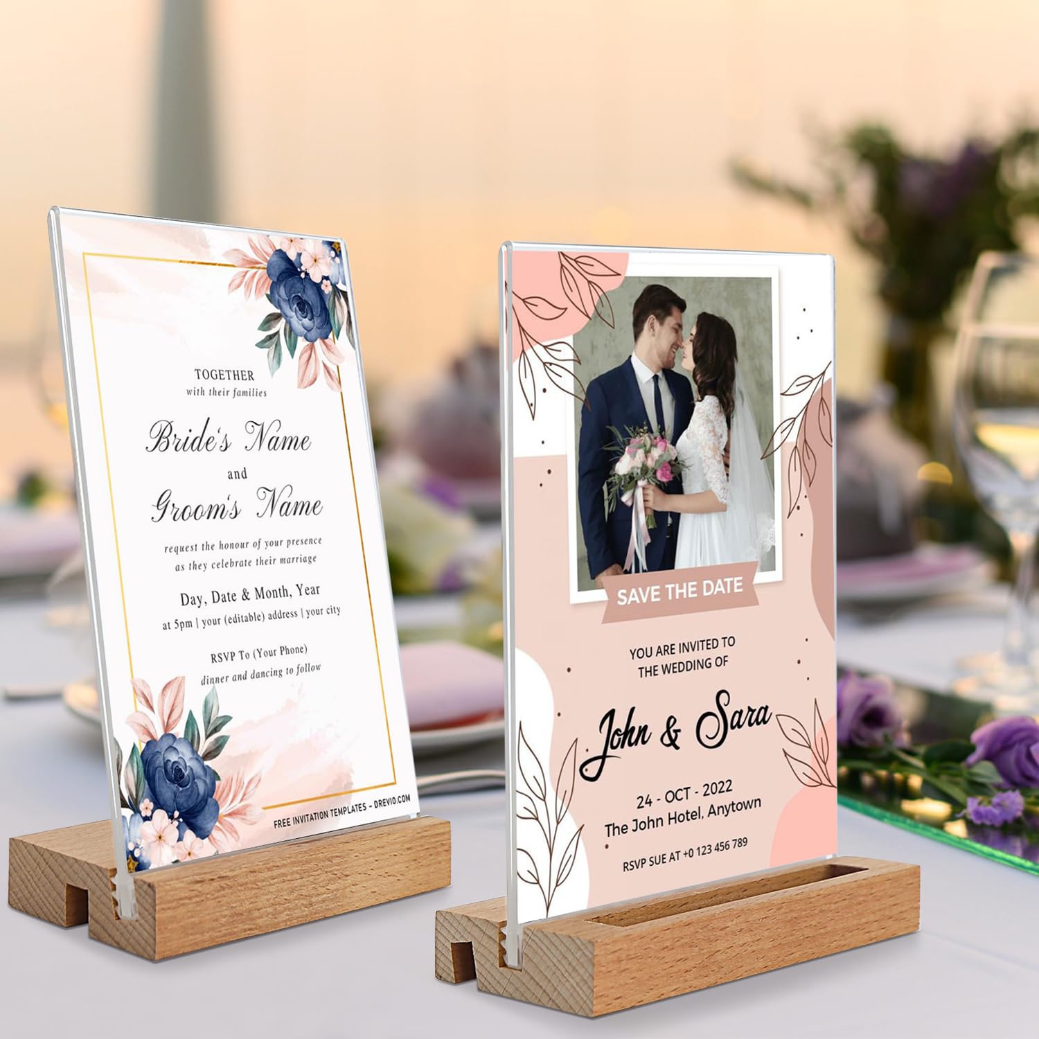 5x7 Acrylic Sign Holder with Wood Base - Clear Tabletop Display Stand for Menus, Photos & Signs - Double-Sided Vertical/Slant Back Frame - Perfect for Office, Wedding, Retail (3-Pack L/T-Shaped) - Ideal for Desk Displays, Event Signage & Shop Decor