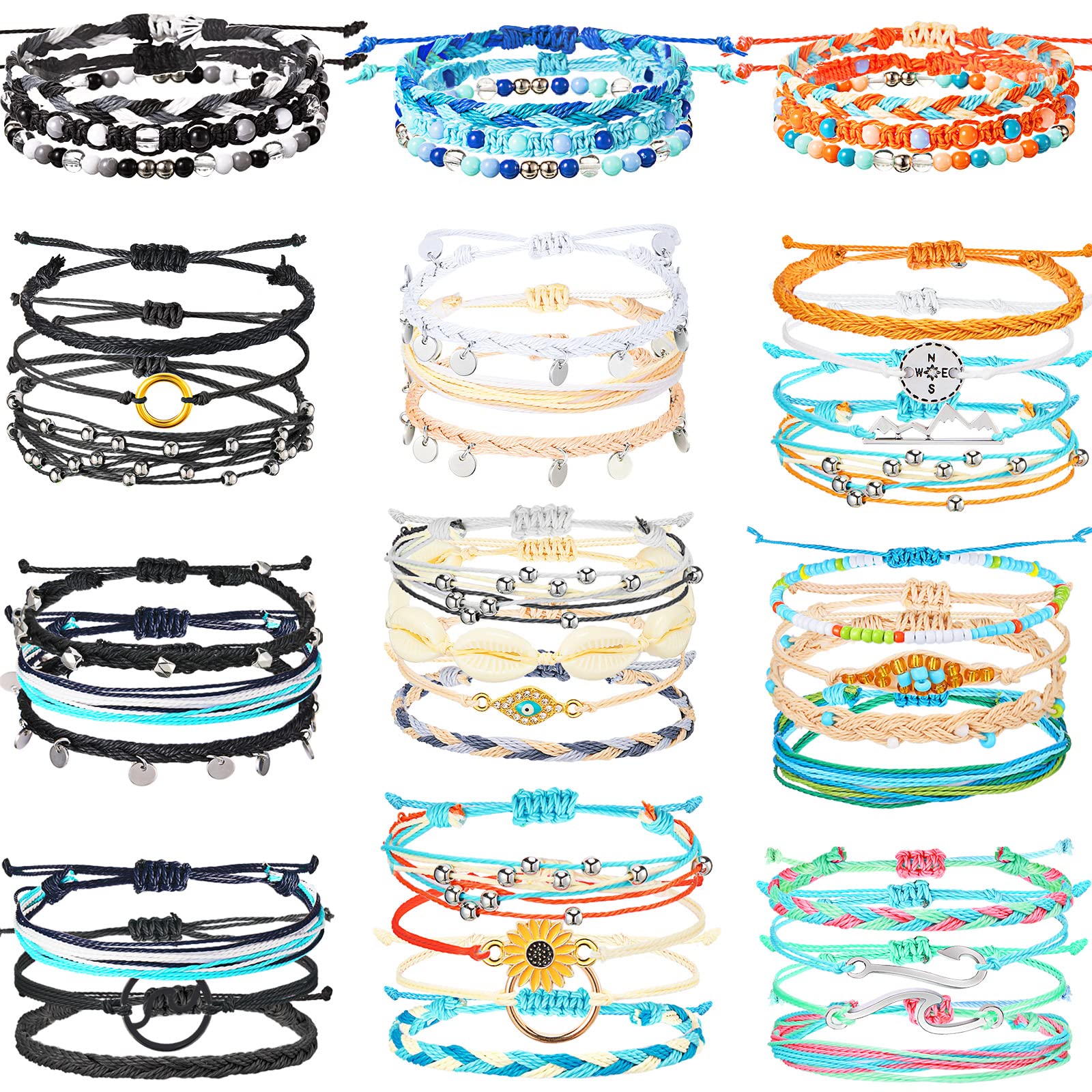 Remerry 42 Pcs Sunflower & Surfer Wave Bracelets - Handmade Braided Rope Friendship Bracelets for Women, Adjustable Wristbands | Perfect for Beach Parties, Summer Festivals & Boho Style Outfits