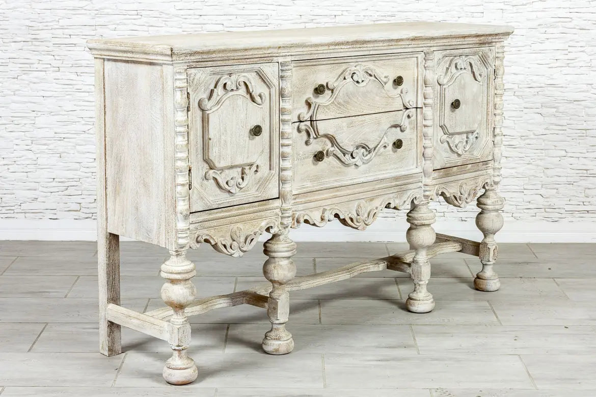 French Arched Hand Carved Indian Solid Wood Console Hall Table - Whitewashed Distressed Finish - Entryway, Living Room, Foyer Decor - 36 Inch Farmhouse Style Sofa Table