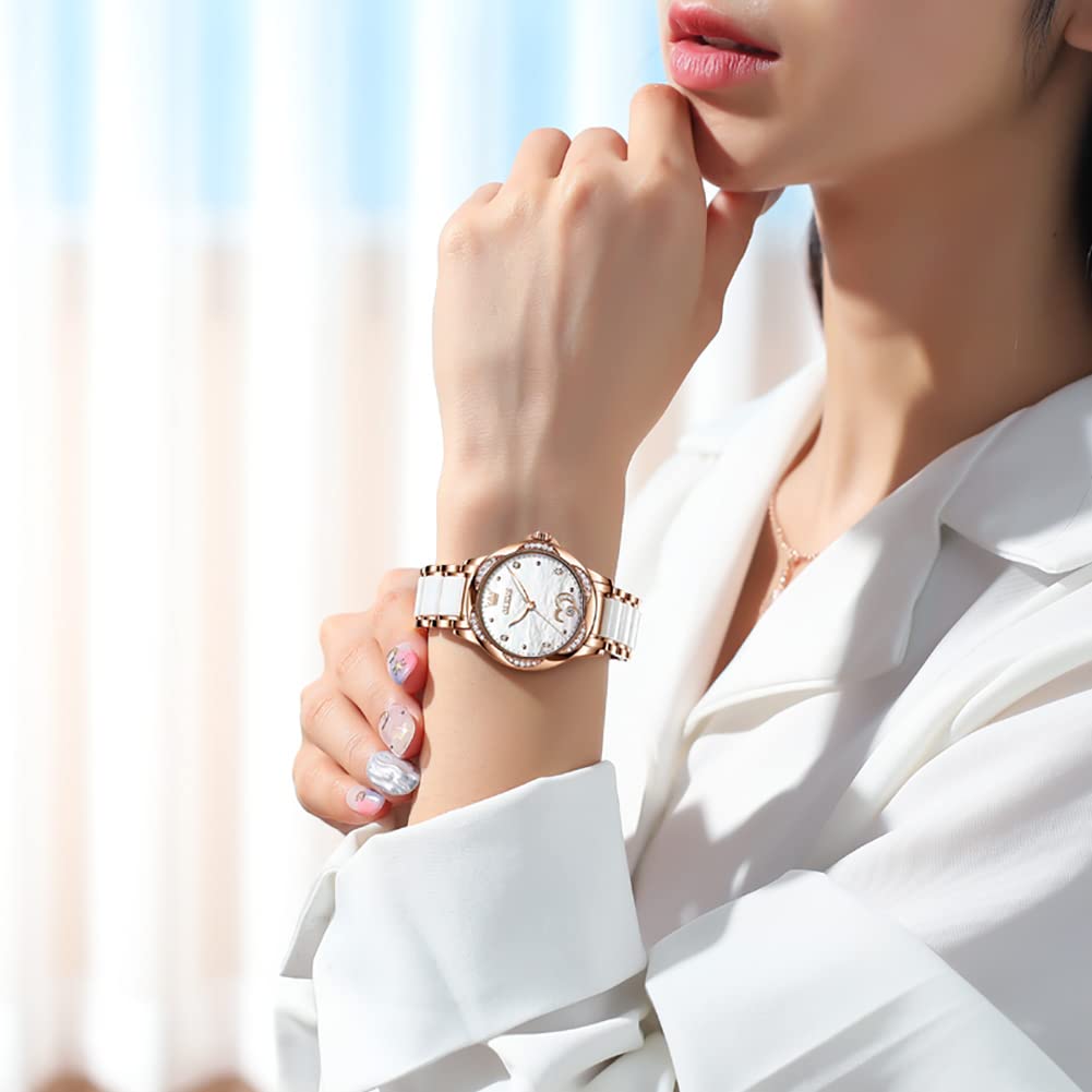 OLEVS Rose Gold Women's Automatic Watch with Two-Tone Stainless Steel & Ceramic Bracelet, Diamond-Accented Self-Winding Watch - Red/Blue/White Dial (No Battery Required) - Perfect for Business, Party & Everyday Wear