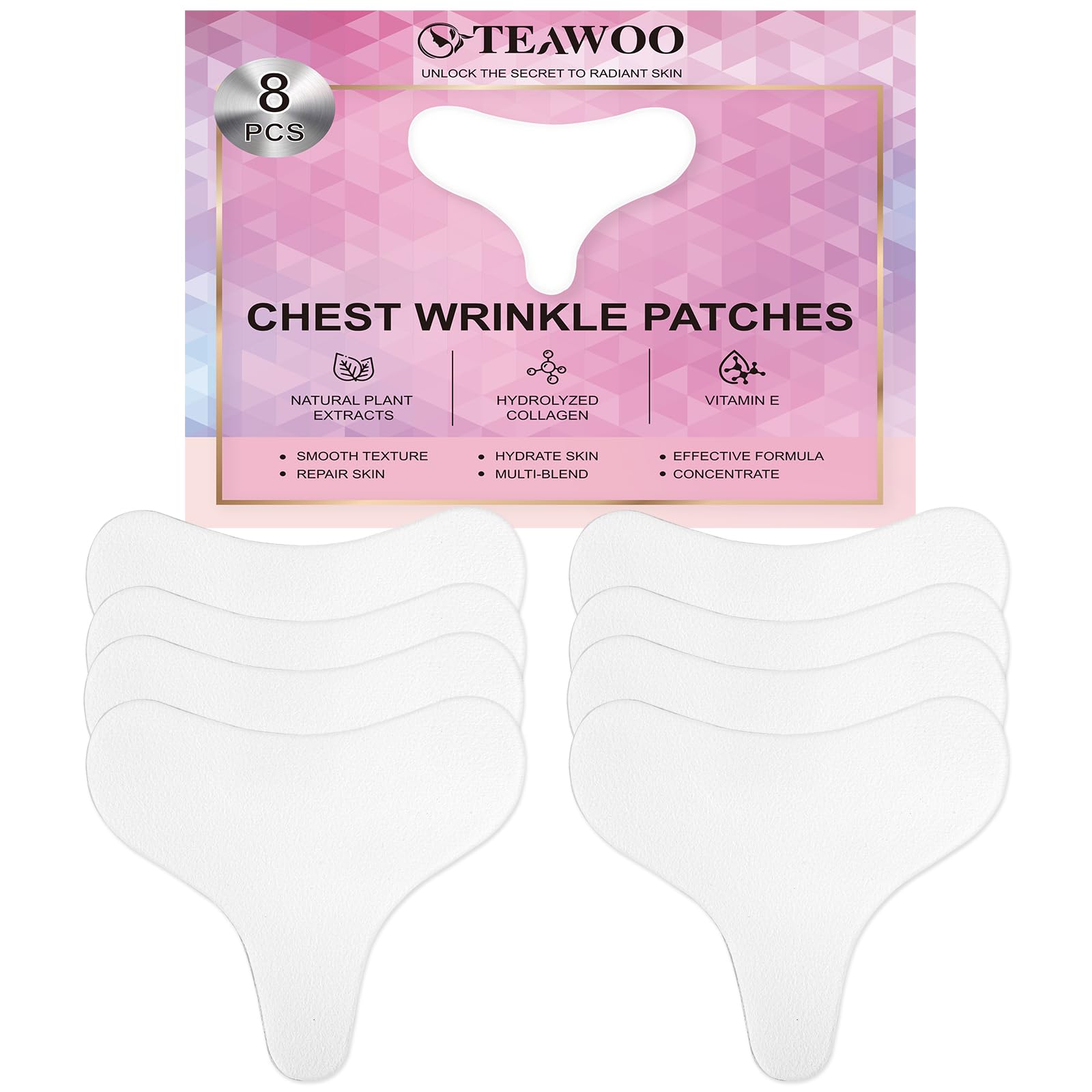 TEWAOO 8PCS Anti-Wrinkle Gel Chest Patches - Collagen Hydrogel Wrinkle Pads for Smooth & Soft Skin | Hypoallergenic, Moisturizing Treatment | Perfect for Nighttime Use, Post-Workout Care & Daily Skin Rejuvenation