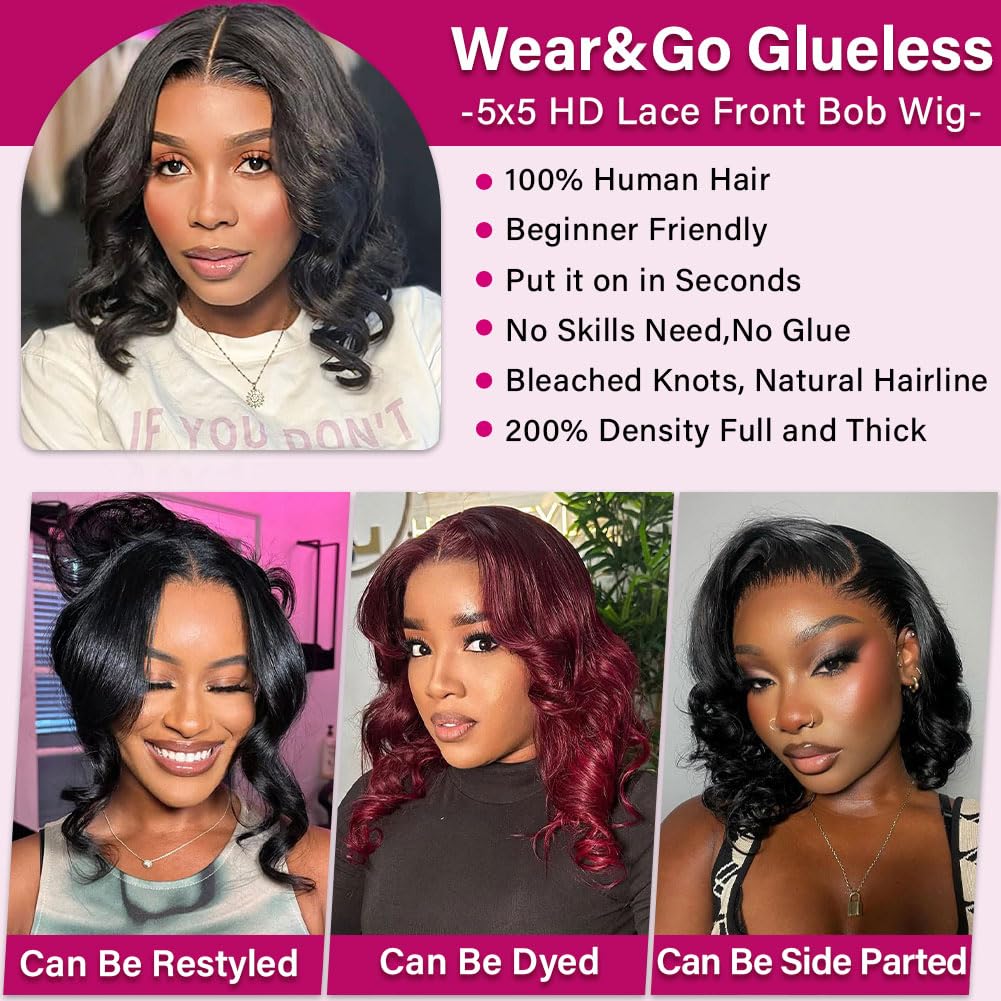 BOB Wig Human Hair 5X5 HD Lace Closure Wig - 200% Density Body Wave Glueless Wigs for Black Women | Pre-Plucked 14 Inch Wear & Go Bob Wig | Perfect for Daily Wear, Parties & Special Occasions