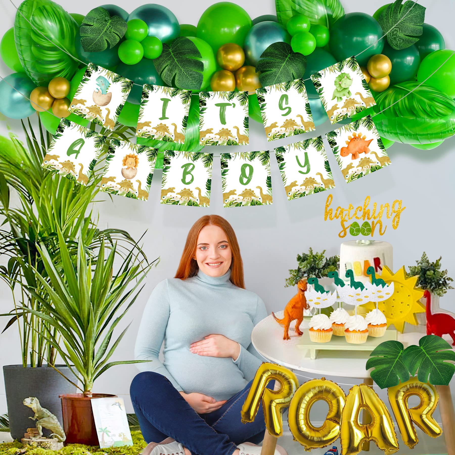 Dinosaur Baby Shower Decorations for Boys - Dinosaur Balloon Garland Arch, Table Decor & Party Supplies | IT'S A BOY Banner & Hatching Soon Cake Topper | Perfect for Dinosaur-Themed Baby Showers, Gender Reveals & Birthday Parties