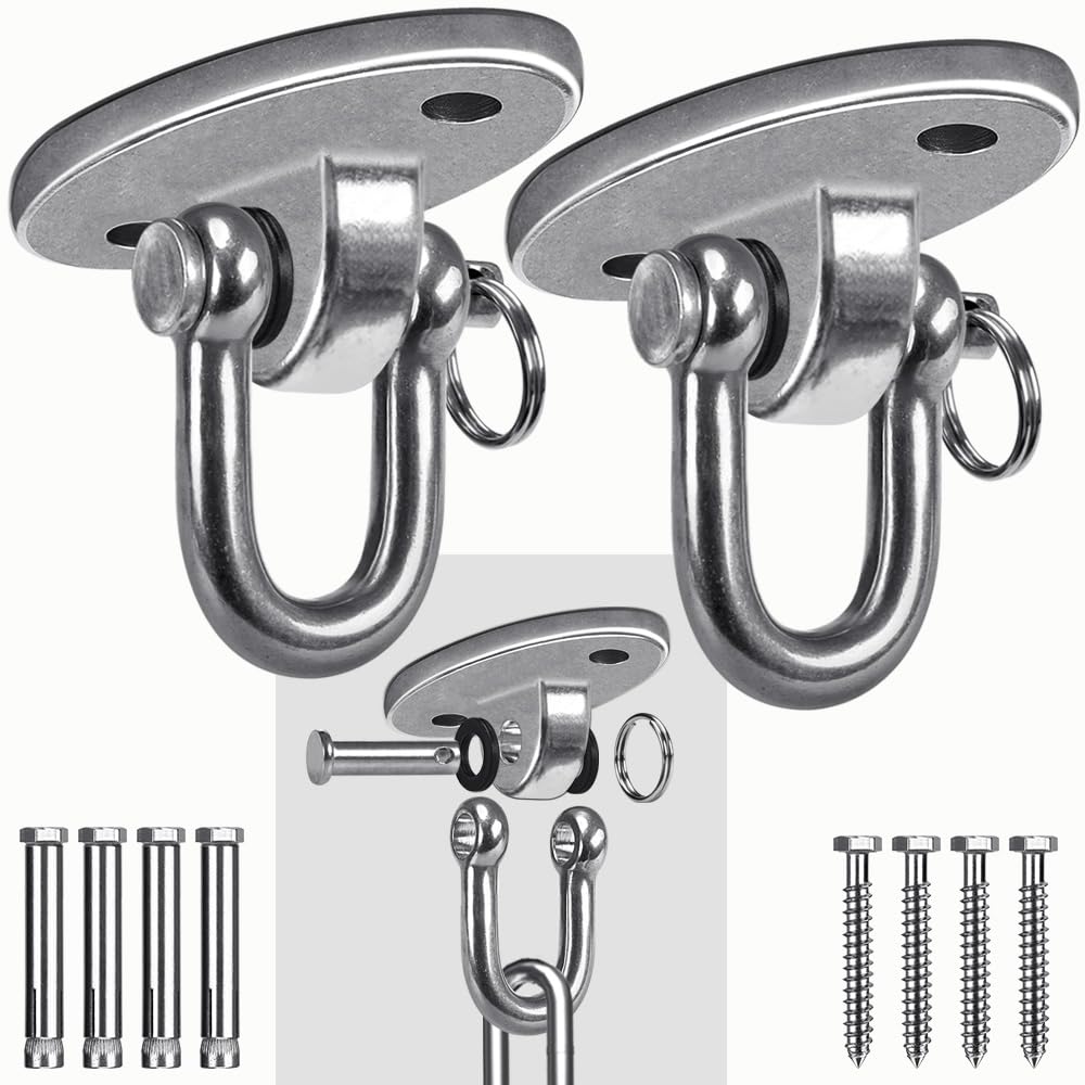 SELEWARE 2 Pack 2000 lb Capacity Heavy Duty Stainless Steel Swing Hangers - 180° Rotation Hooks for Concrete Ceiling & Wooden Beams - Perfect for Porch, Playground, Hammock, Gym & Swing Sets Installation