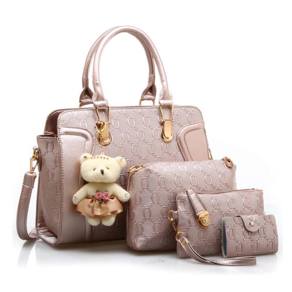 Stylish Women's PU Leather Tote Bag Set - 4 Piece Crossbody Shoulder Bags with Cute Bear Pendant (Black, Brown, Beige, Red) - Perfect for Work, Travel, Shopping & Daily Use