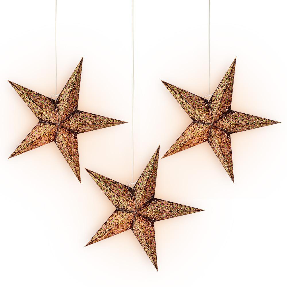 3 Pack 24 Inch Brown & Gold Garden Paper Star Lanterns with LED Bulbs & Lamp Cord - Outdoor Party Decor, Patio Lighting, Wedding & Backyard Decoration