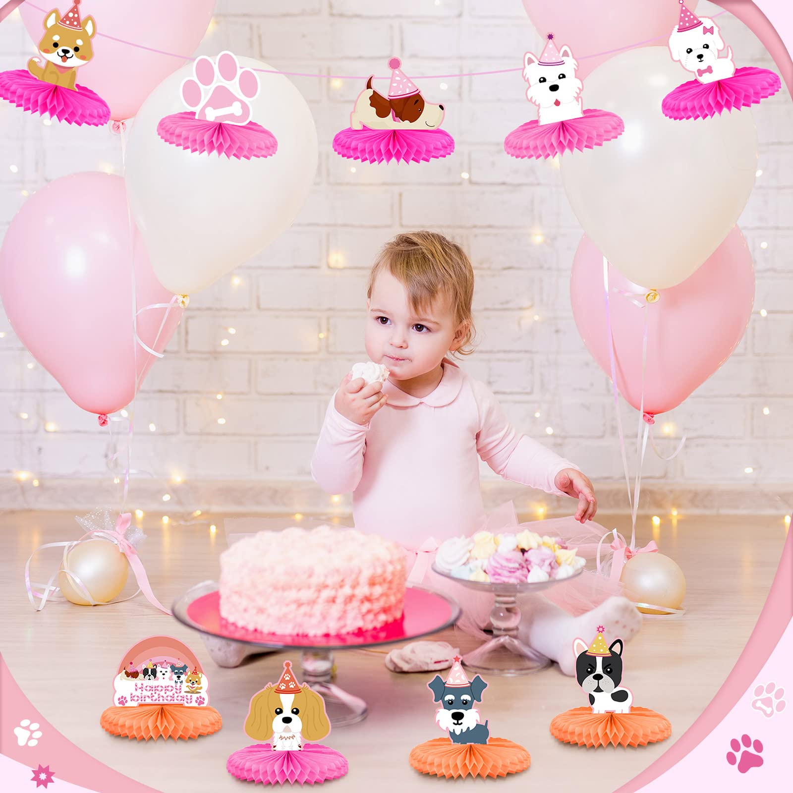 9 Pcs Pink Honeycomb Dog Themed Party Decorations - Puppy Birthday Party Supplies, Dog Party Favors & Centerpieces for Puppy Shower, Dog Birthday Party Decorations