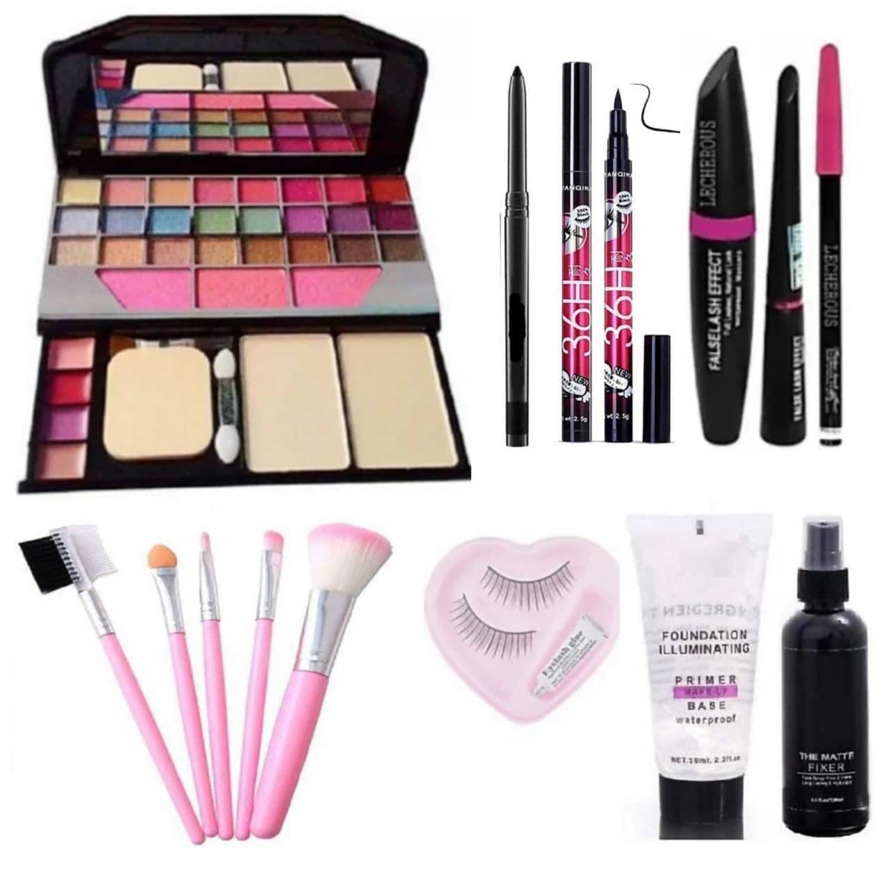 TYA 6155 Women's & Girls' Multicolor Makeup Kit - 14-Piece Set with 5 Pink Brushes, Matte Fixer, Primer, False Eyelashes, 36H Eyeliner, Kajal & 3-in-1 Eyeliner Combo | Perfect for Daily Makeup, Party Looks & Professional Beauty Routines