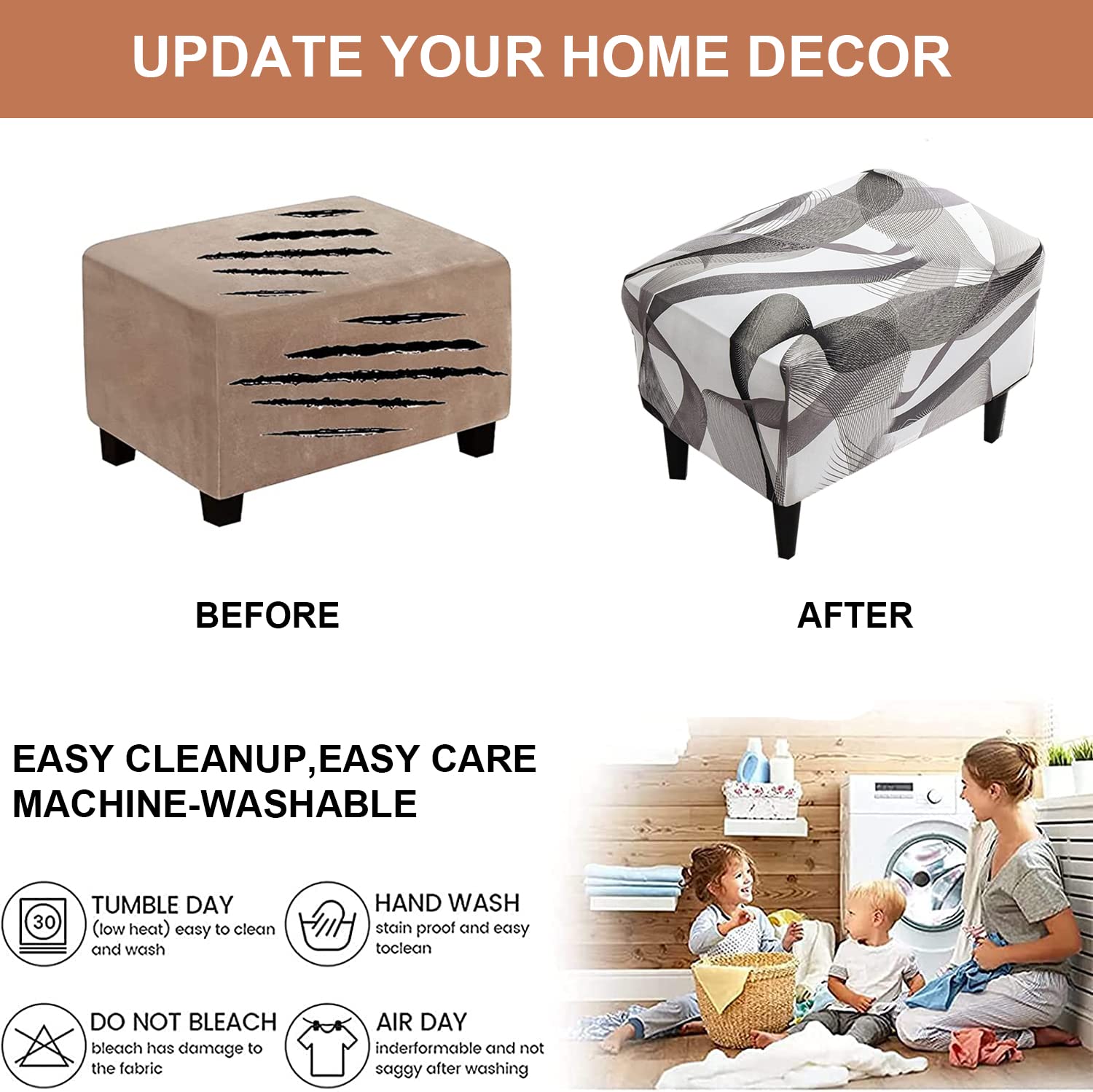 Eco-Friendly Stretch Ottoman Slipcover - Rectangular Storage Ottoman Cover with Non-Slip Elastic Bottom | Perfect for Living Room, Bedroom & Nursery Decor