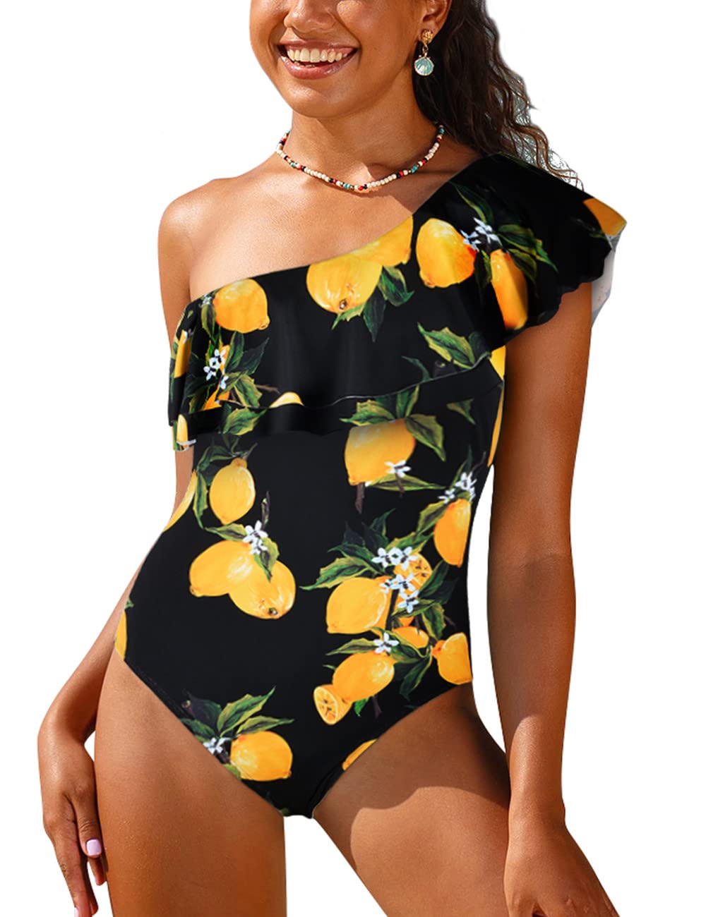 Hilor Women's One Shoulder Asymmetric One Piece Swimsuit with Ruffles - Sexy Bathing Suit for Beach, Pool Party & Summer Vacation