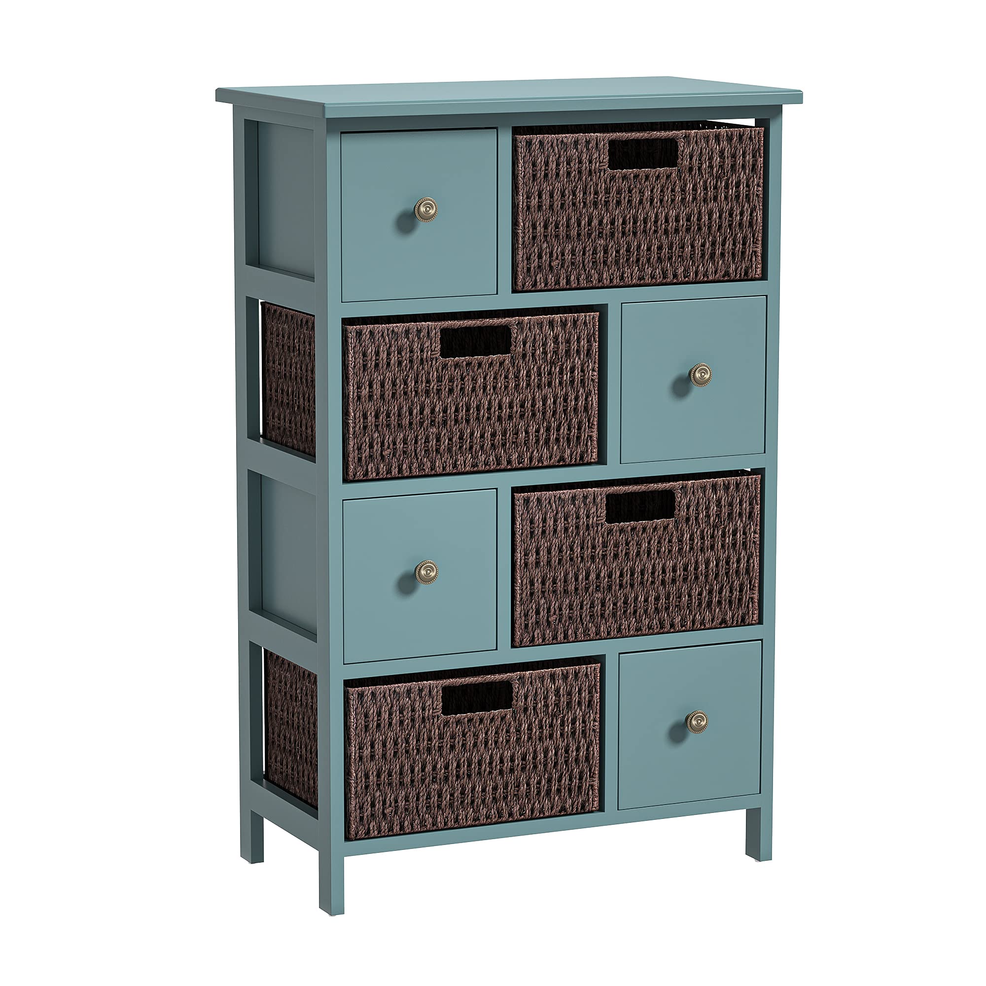 Modern Accent Storage Cabinet with 4 Drawers & 4 Wicker Baskets - Blue Sideboard Chest for Living Room, Bedroom & Entryway - Perfect for Organizing Blankets, Toys & Home Decor Accessories