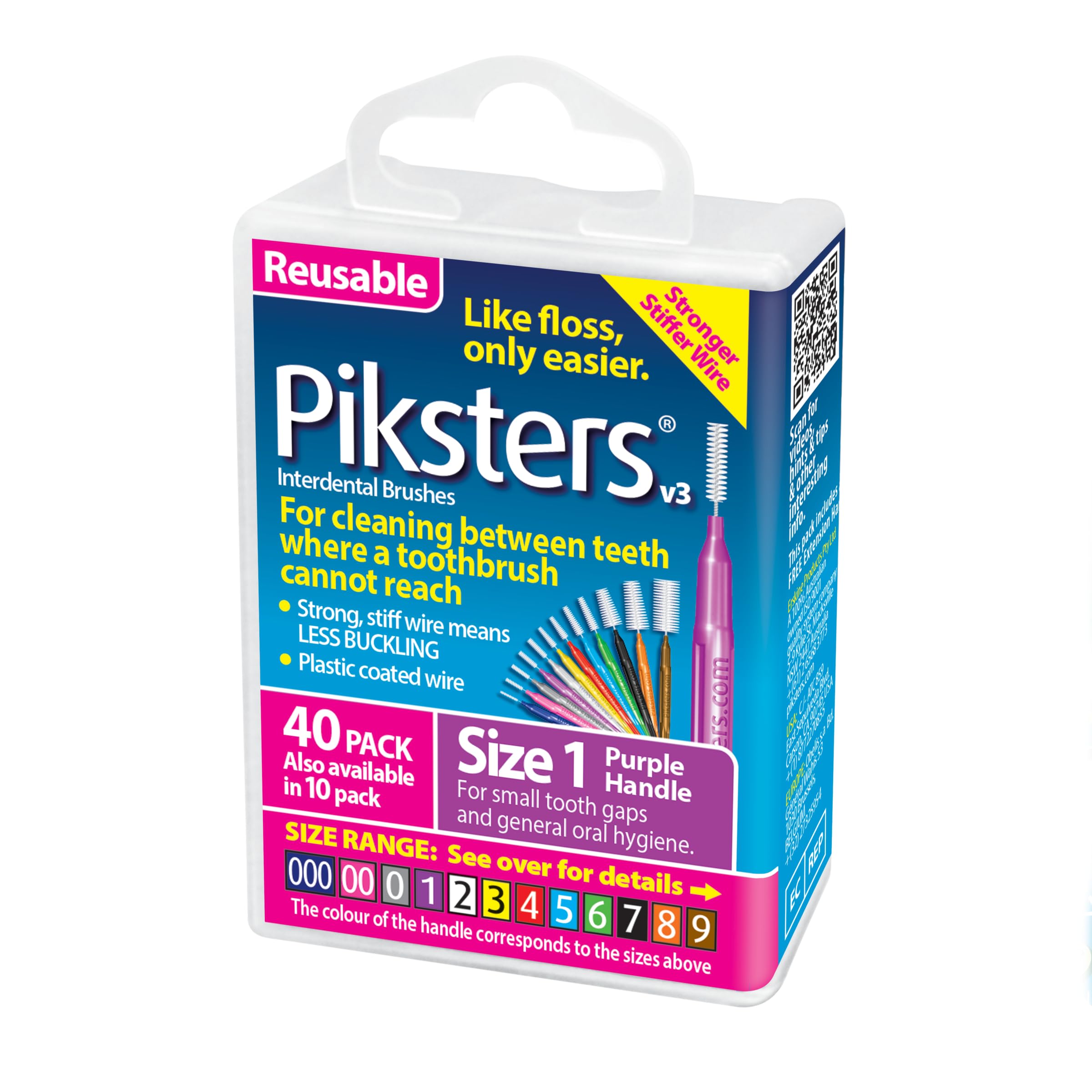 Piksters Interdental Brushes Size 1 - Ultra Soft Bristle Dental Picks for Tight Teeth Gaps, Plaque Removal & Braces Care (40 Pack) | Perfect for Travel, Daily Oral Hygiene & Orthodontic Maintenance