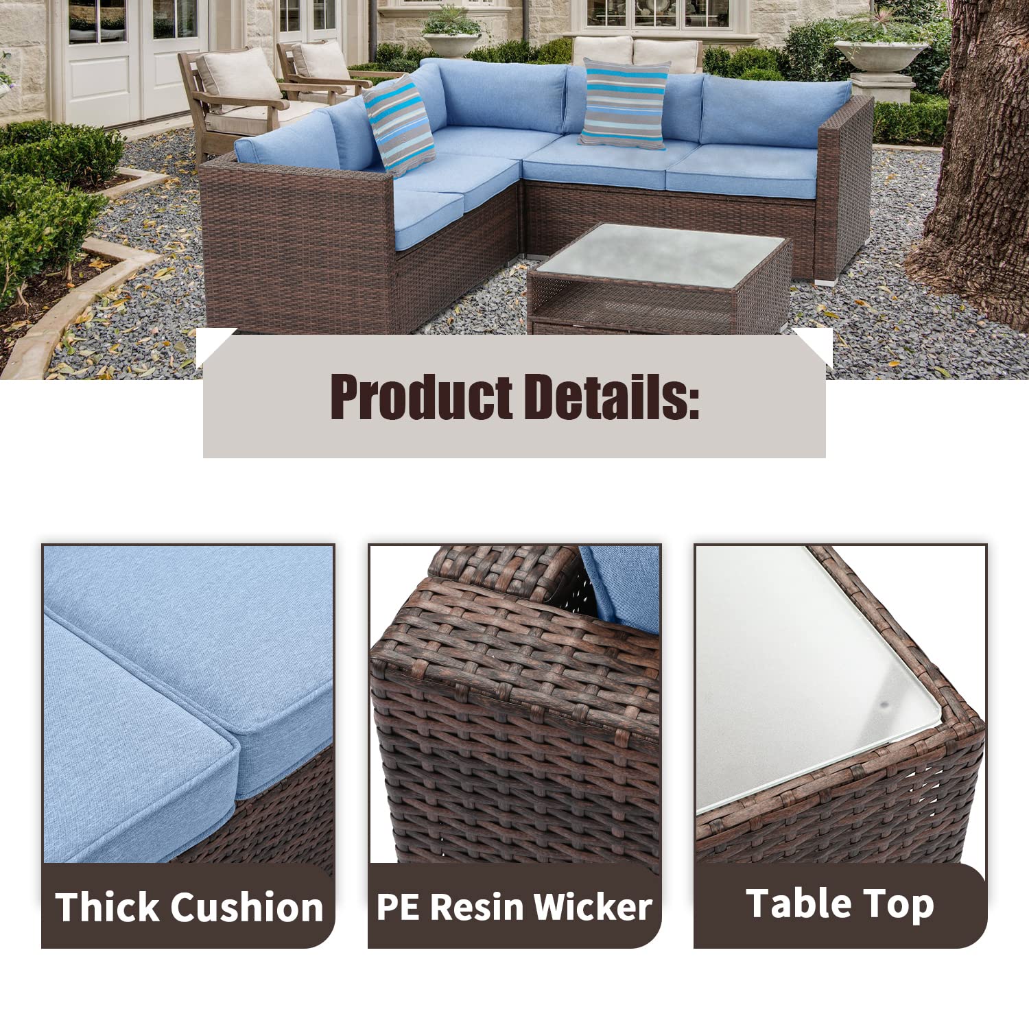 **SUNBURY 4-Piece Outdoor Sectional Sofa Set with Blue Thick Cushions & Tempered Glass Coffee Table - Patio, Backyard, Garden Conversation Furniture for Relaxing & Entertaining**