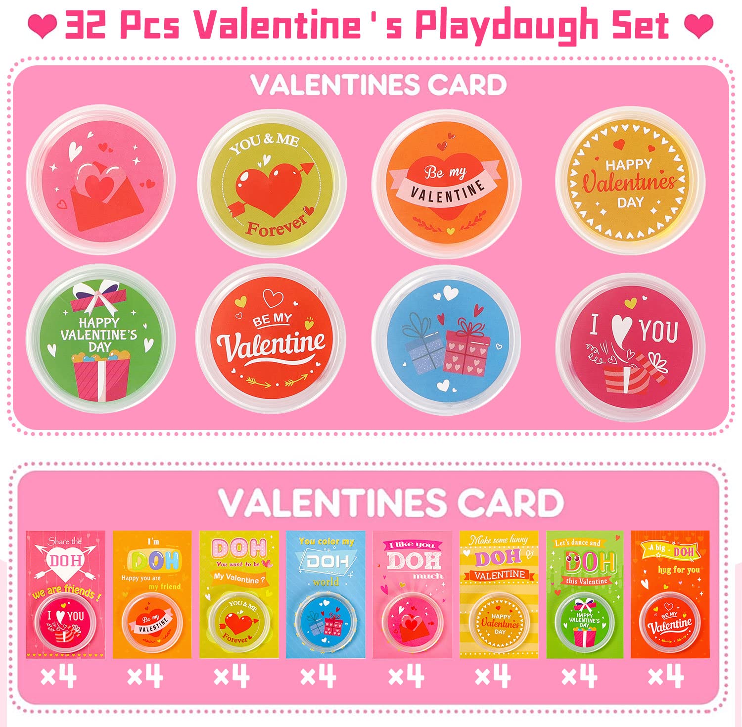 32 Pack Kids Valentine's Day Cards with Play Dough - DIY Classroom Party Favors for Boys & Girls - Perfect for School Exchanges, Valentine Gifts & Party Supplies - Great for Classroom Activities & Holiday Celebrations
