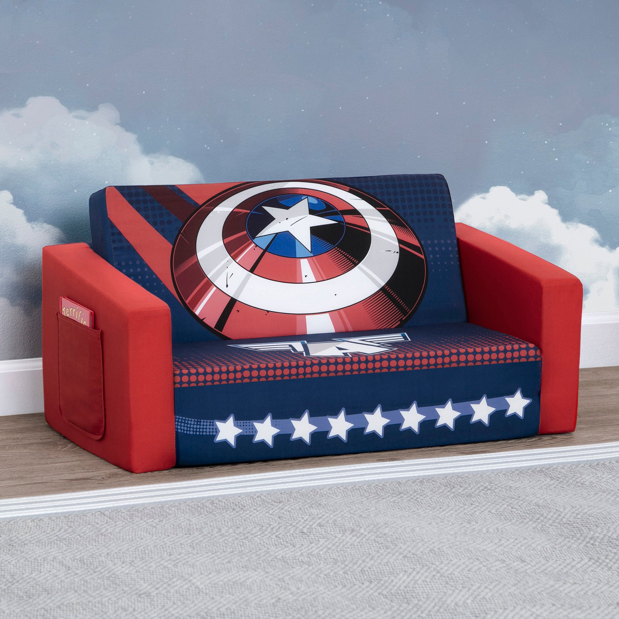 Avengers Cozee Flip Out Sofa - 2 in 1 Convertible Kids Sofa to Lounger | Marvel Superhero Bedroom Furniture for Playroom & Sleepovers