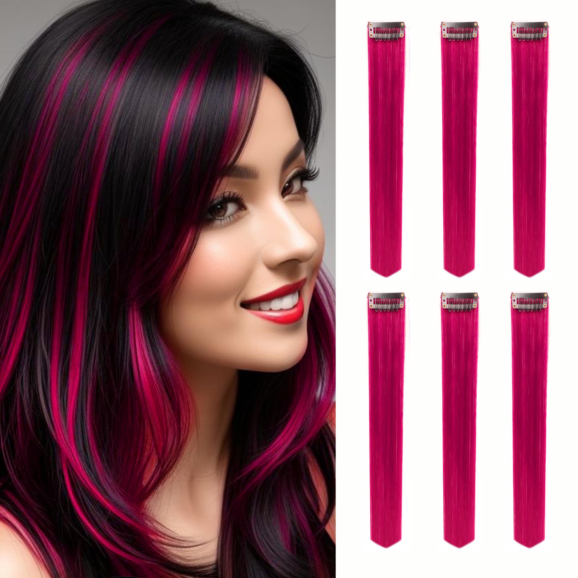 Paradise® Magenta Clip-in Hair Extensions 22 Inches - 6 Pack Straight Synthetic Hair Wefts for Women & Girls | Vibrant Colored Hair Streaks for Cosplay, Halloween, Parties & Daily Fashion Styling