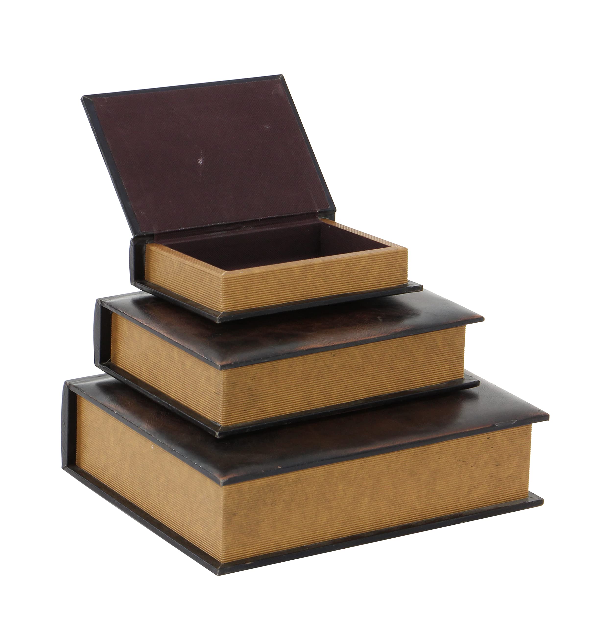 Deco 79 Set of 3 Wooden Decorative Book-Shaped Storage Boxes with Faux Leather Detailing - 13