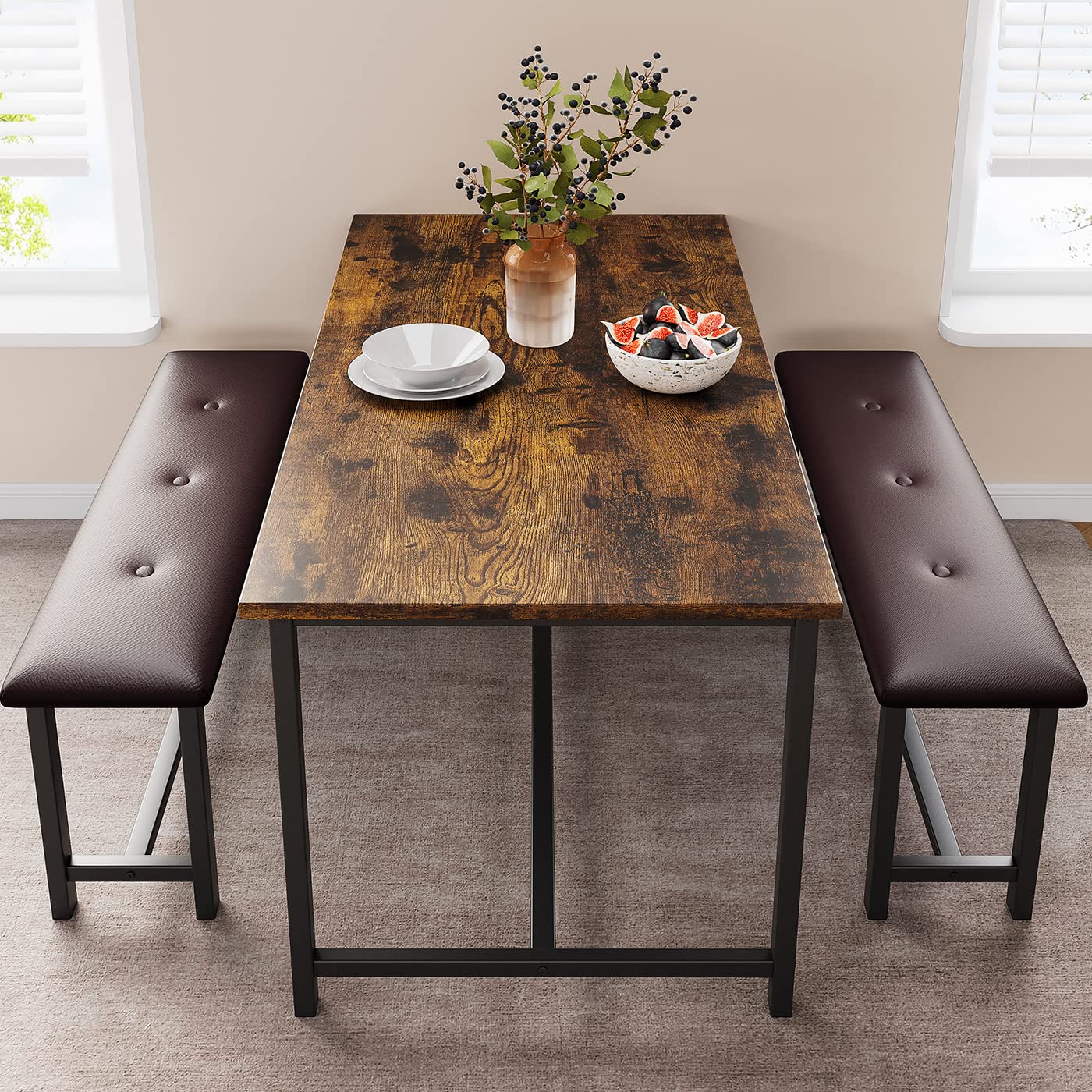 IDEALHOUSE 3-Piece Dining Table Set with 2 Upholstered Benches - Rectangular Kitchen Table for 4 People - Space-Saving Dining Room Furniture for Apartments, Studios & Small Spaces in Retro Brown - Perfect for Breakfast Nooks, Kitchen Dining Areas & Compact Living Rooms