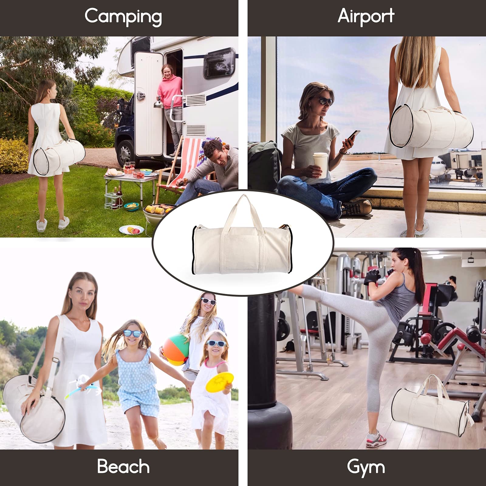 20 Inch Foldable Gym Bag for Men & Women - Lightweight Duffel Bag with Inner Pockets - Perfect for Sports, Travel & Workout (Rice White, Medium Size)