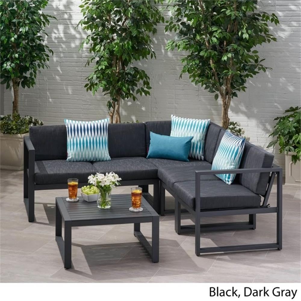 Noble House Navan 6-Piece Outdoor Aluminum Sectional Sofa Set - Dark Gray Patio Furniture for Backyard, Poolside & Garden Lounge