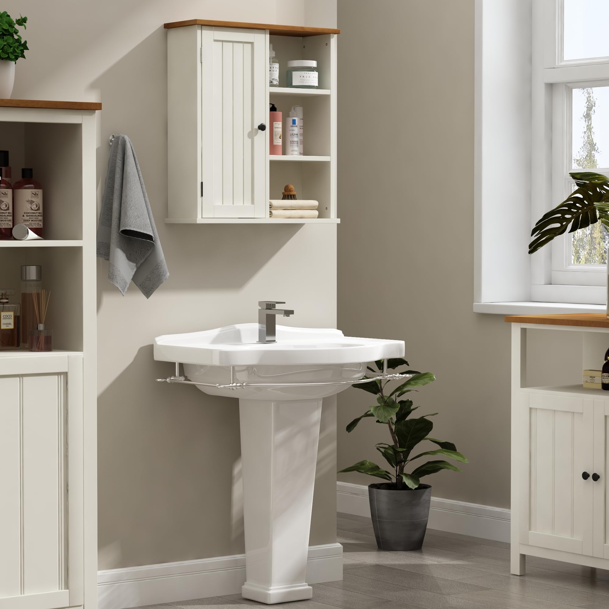 Treocho Wall Mounted Bathroom Cabinet with Door & 3 Open Shelves - Medicine Storage Organizer for Bathroom, Kitchen, Living Room & Farmhouse Decor | Perfect for Small Space Organization & Rustic Home Decor