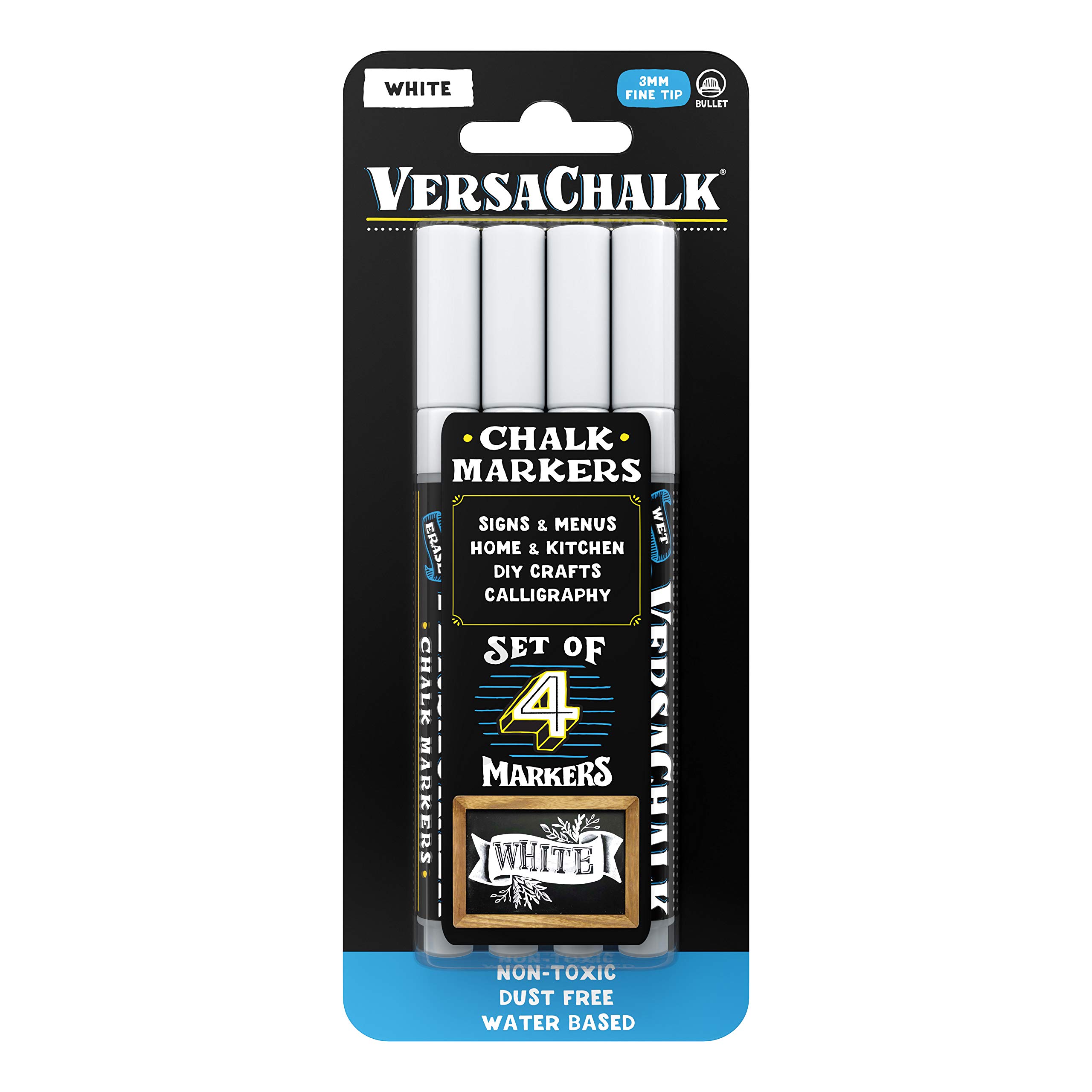 VersaChalk White Chalkboard Markers - 3mm Fine Tip Wet Erase Dustless Chalk Markers for Blackboard, Whiteboard, Glass & Signs (4-Pack) - Perfect for Restaurants, Classrooms & Home Decor