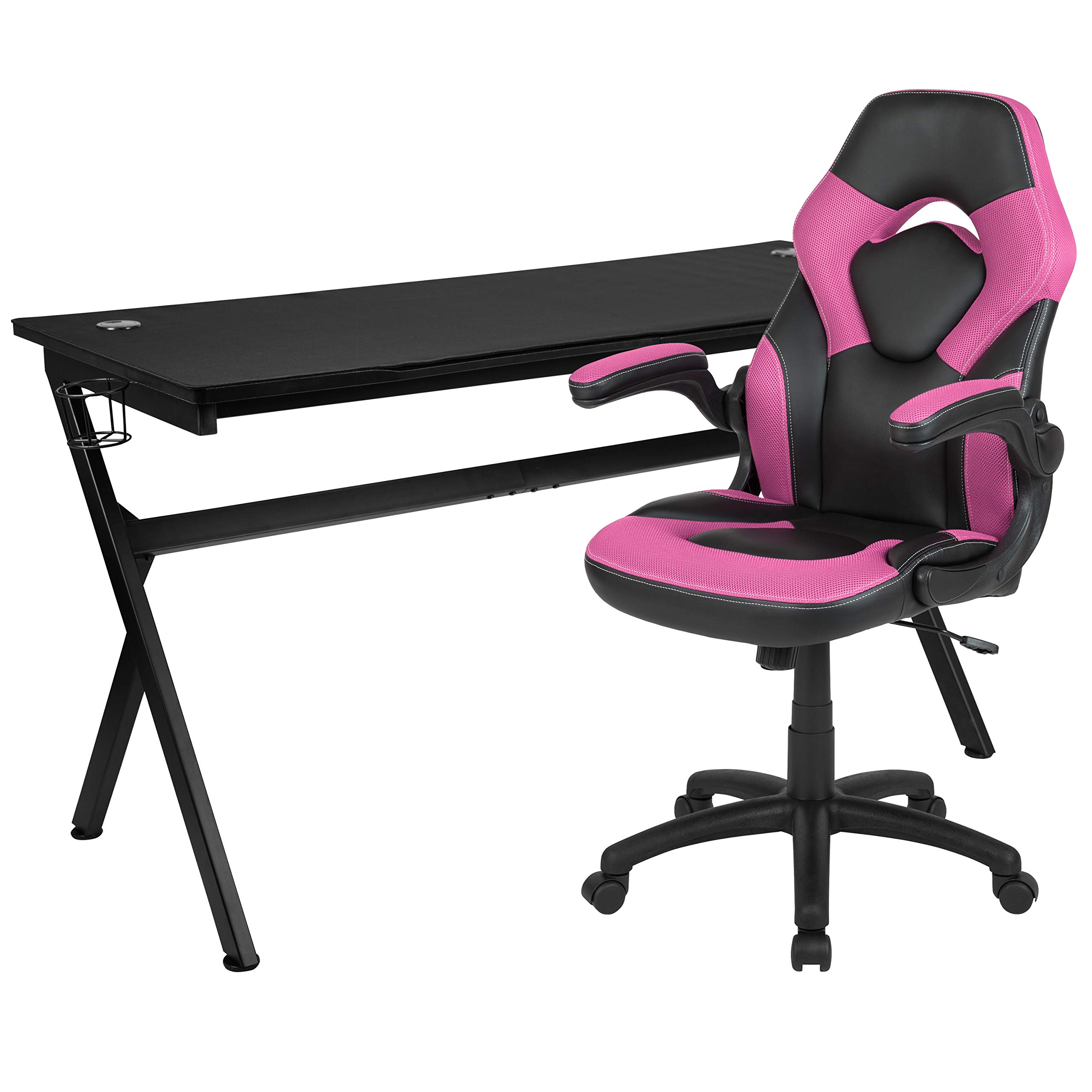 Premium Gaming Desk with Pink/Black Racing Chair Set - Cup Holder, Headphone Hook, Removable Mouse Pad & Cable Management Holes - Perfect for Esports, Streaming & Home Office Setup