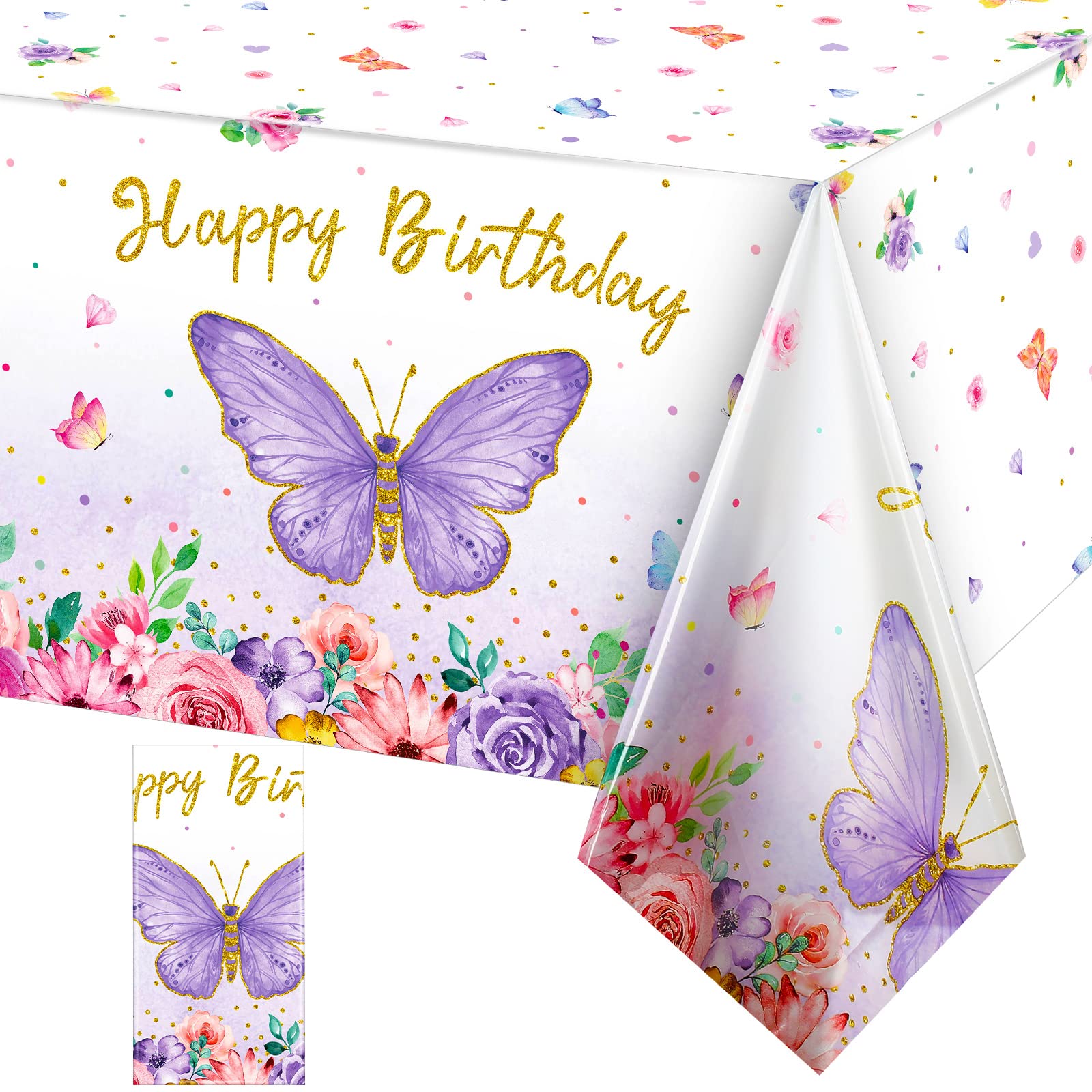 Butterfly Happy Birthday Tablecloth - Watercolor Butterfly Plastic Table Cover for Girls Party Decorations, 108 x 54 Inch (Pink, Purple) - Perfect for Spring Themed Birthday Parties, Baby Showers & Outdoor Celebrations