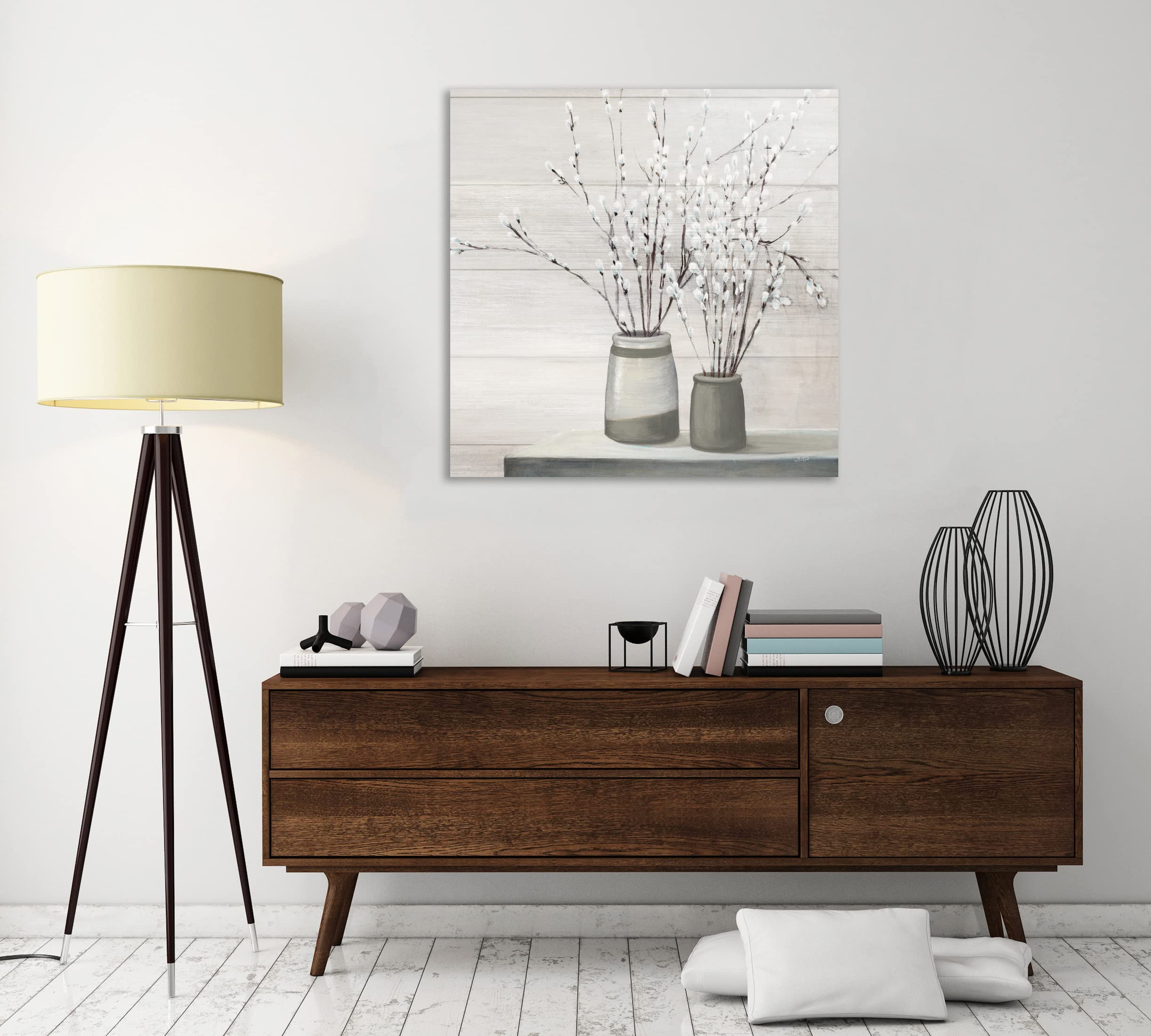 Julia Purinton Pussy Willow Still Life Gray Pots Shiplap Gallery Wrapped Canvas Art Print - 36x36 Inches - Modern Farmhouse Wall Decor for Living Room, Bedroom & Office
