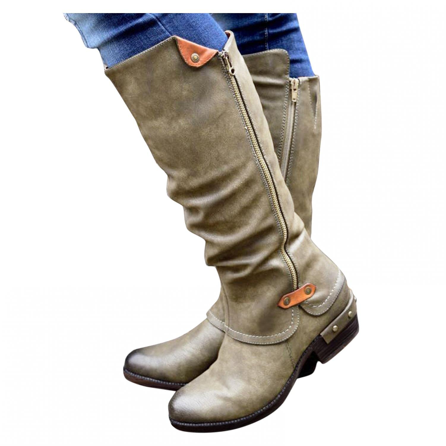 NOLDARES Women's Thigh High Buckle Stretchy Wedge Boots - Block Heel Side Zipper Slip On Over The Knee Boots for Casual Wear, Night Out & Winter Fashion
