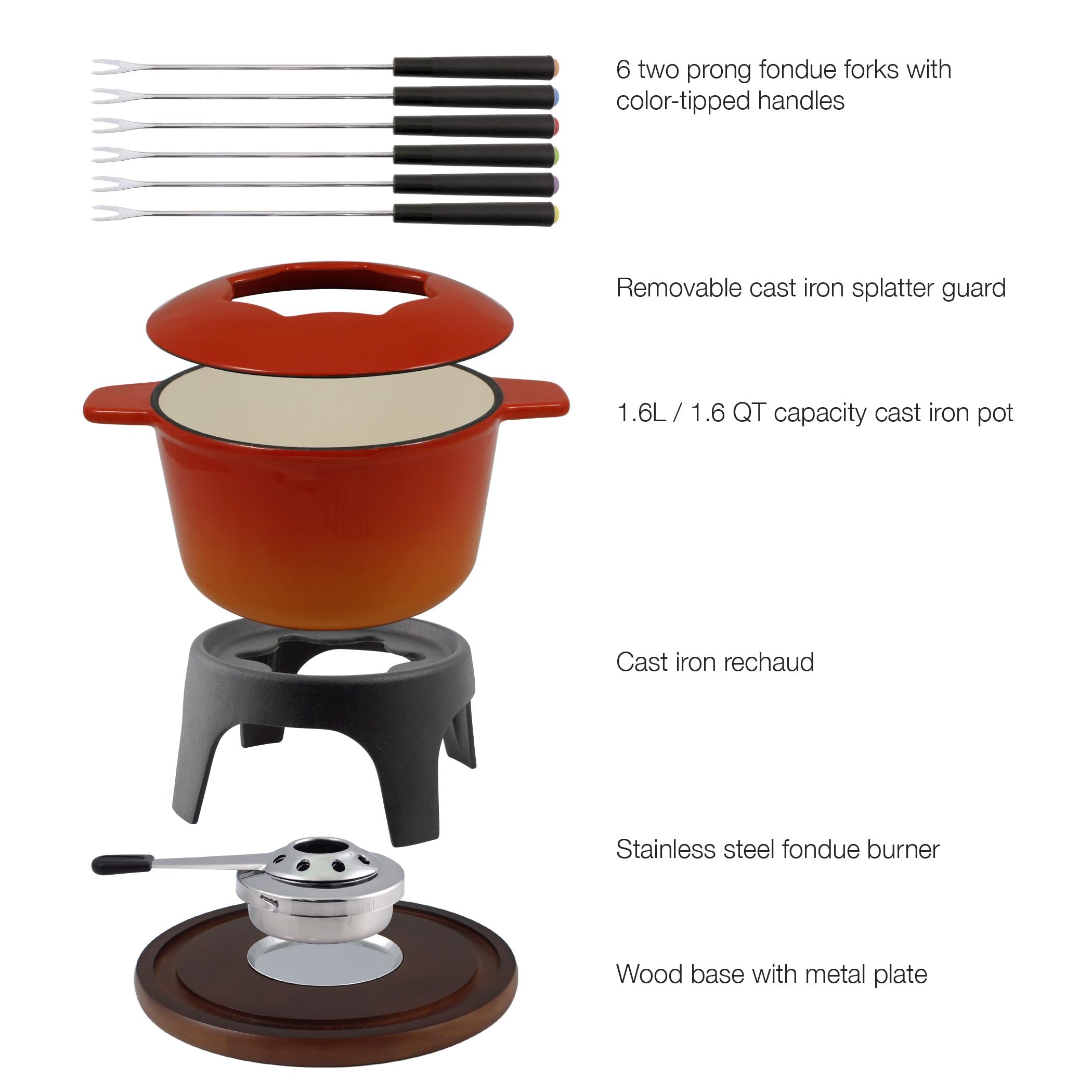 Swissmar Sierra 1.6 Quart Cast Iron Fondue Set - Premium Cheese, Meat & Chocolate Fondue Pot - 12-Piece Gradient Orange Kit for Family Gatherings, Dinner Parties & Romantic Date Nights - Perfect Gift for Hosts & Home Chefs