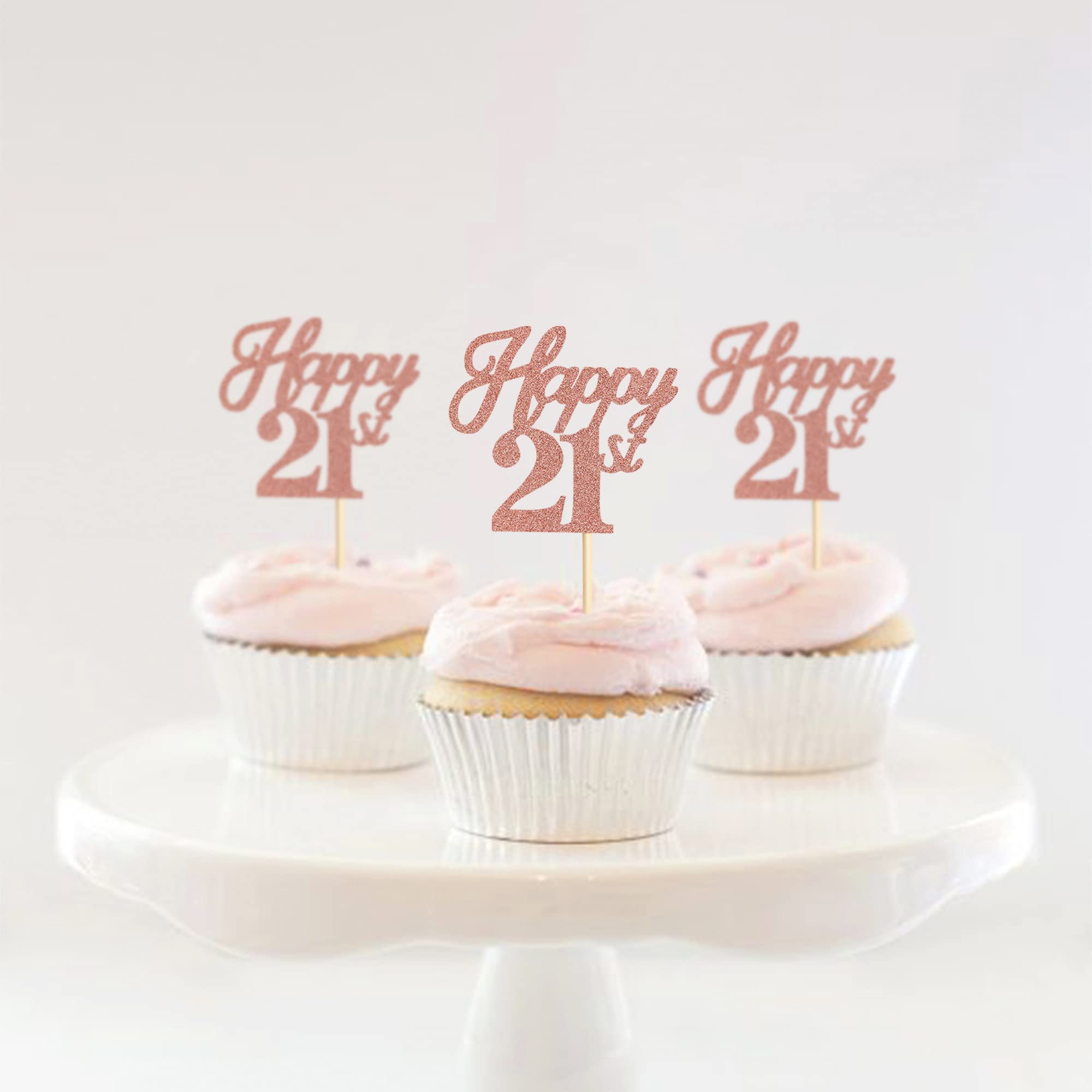 24 Pack Rose Gold Glitter 21st Birthday Cupcake Toppers - Happy 21st Cupcake Picks for Wedding, Anniversary & Party Cake Decorations - Cheers to 21 Cupcake Decor Supplies (Perfect for Milestone Celebrations & Dessert Displays)