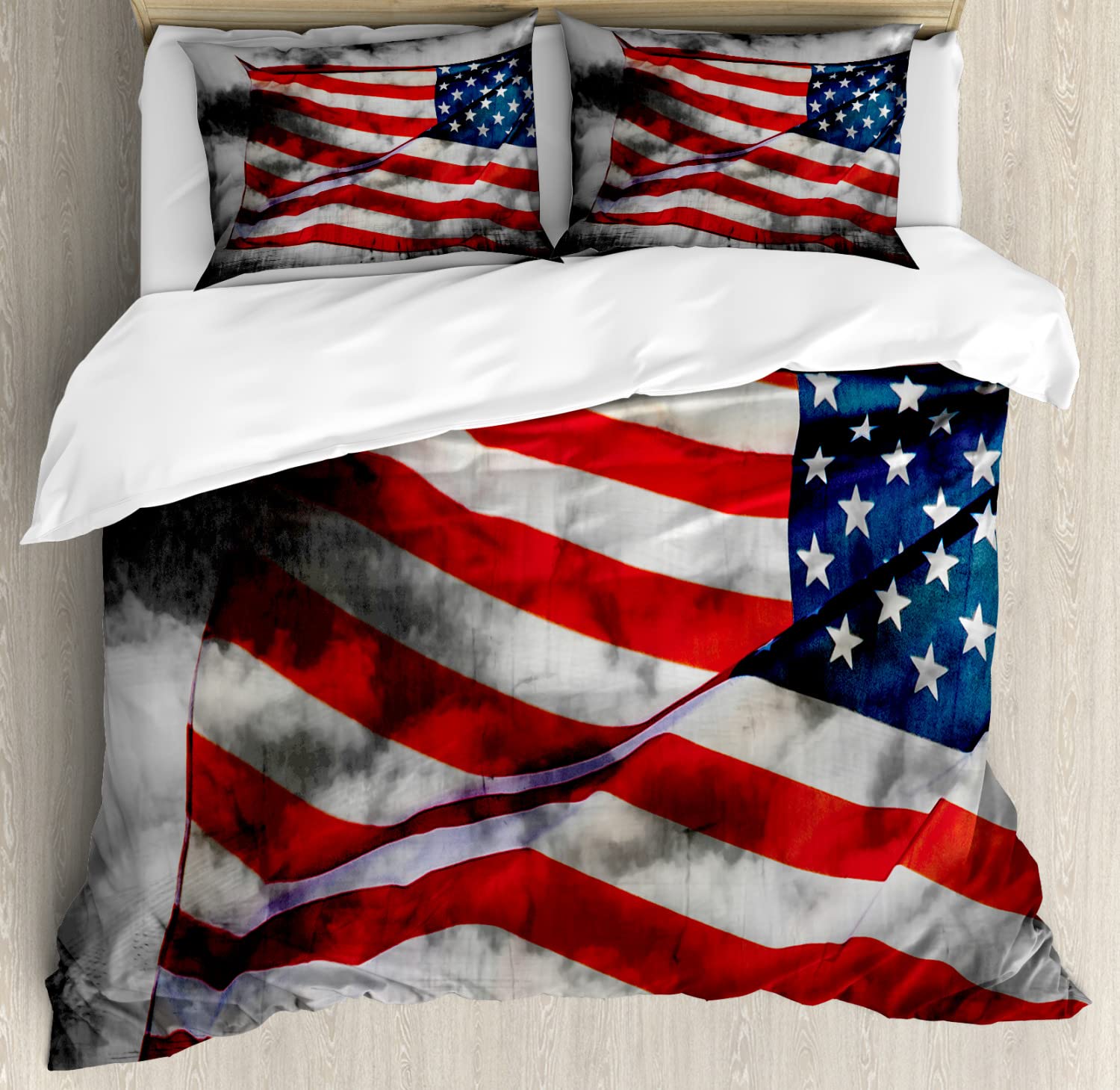 Ambesonne American Flag Duvet Cover Set - King Size 2-Piece with 4 Pillowcases, Grey Red Patriotic Design for Bedroom Decor | Perfect for 4th of July, Memorial Day & Veterans Day Celebrations