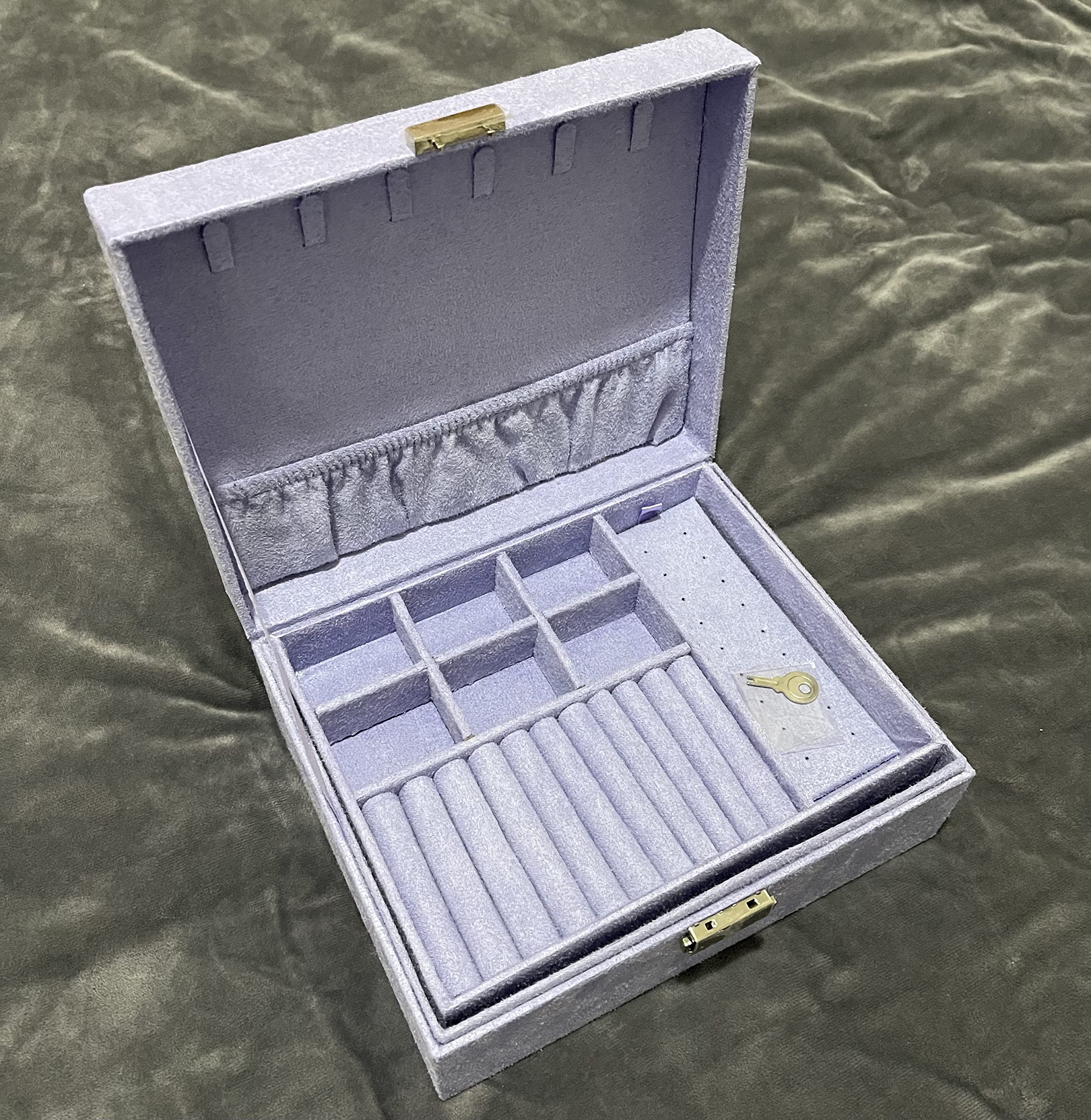 2-Layer Lockable Suede Jewelry Organizer Box - Portable Leather Watch, Earring, Ring & Bracelet Storage Case (Light Purple) | Perfect for Travel, Gift Giving & Home Display