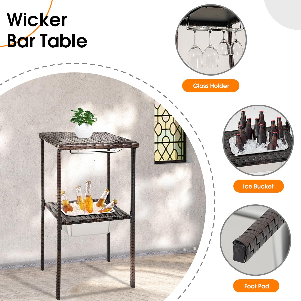 Sundale Outdoor 3-Piece Wicker Bar Set with 2 Stools, Glass Holder & Ice Bucket - Brown Rattan & Beige Cushions - High Top Bistro Dining for Patio, Garden, Poolside & Backyard Entertaining