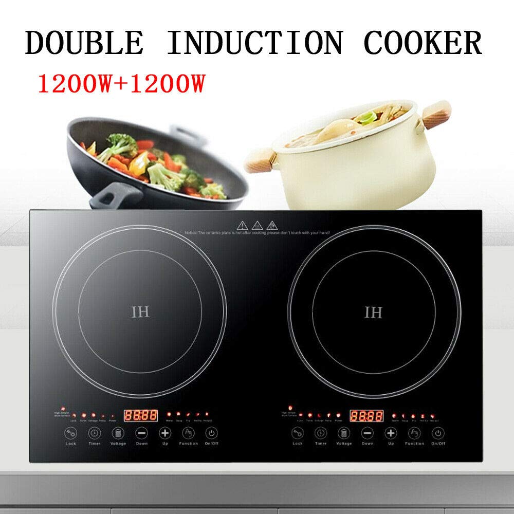 Black Crystal Panel Induction Cooker 110V - Double Burner Electric Hot Plate Stove, 1200W Countertop Cooktop with 8 Power Levels - Perfect for Griddle, Pan, Wok & Home Kitchen Cooking