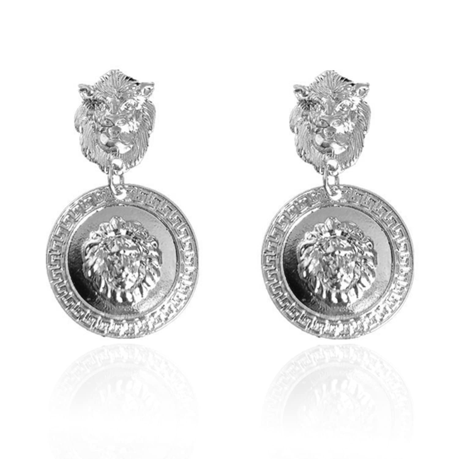 Statement Lion Head Earrings - Big Coin Gold Circle Baroque Animal Dangle Earrings for Women | Vintage 80s Style Jewelry | Perfect Gift for Girls & Women | Great for Parties, Date Nights & Special Occasions