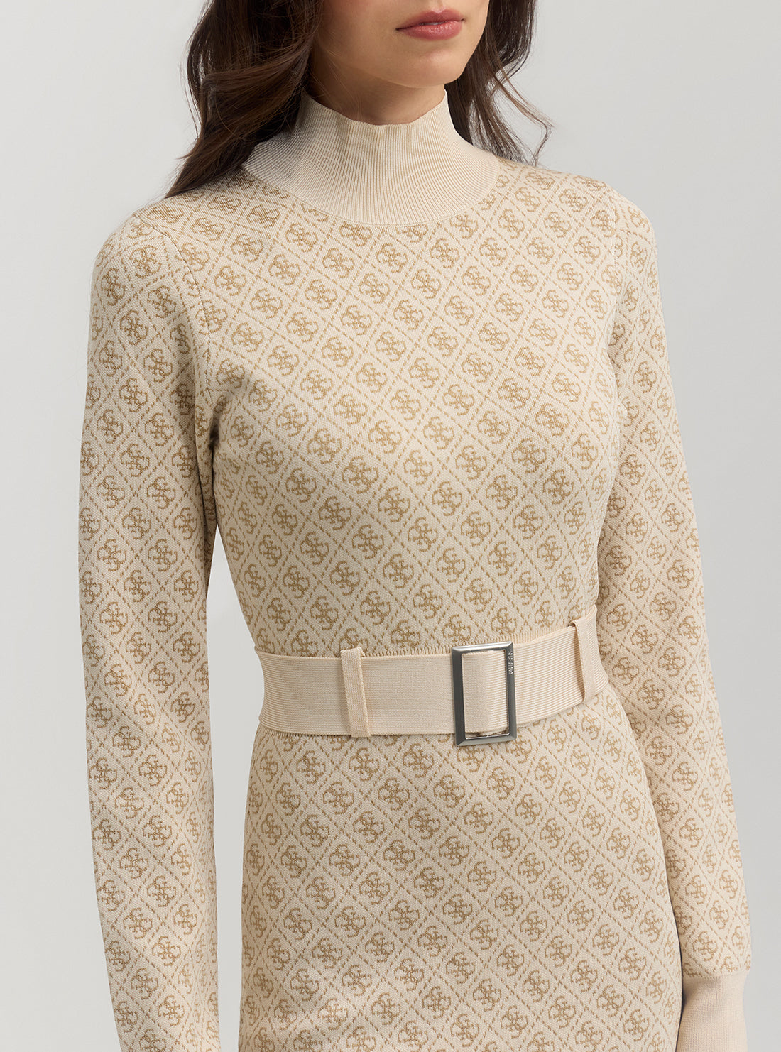 Beige Logo Belted Knit Midi Dress for Women - Elegant Casual Office Wear & Spring Outfits