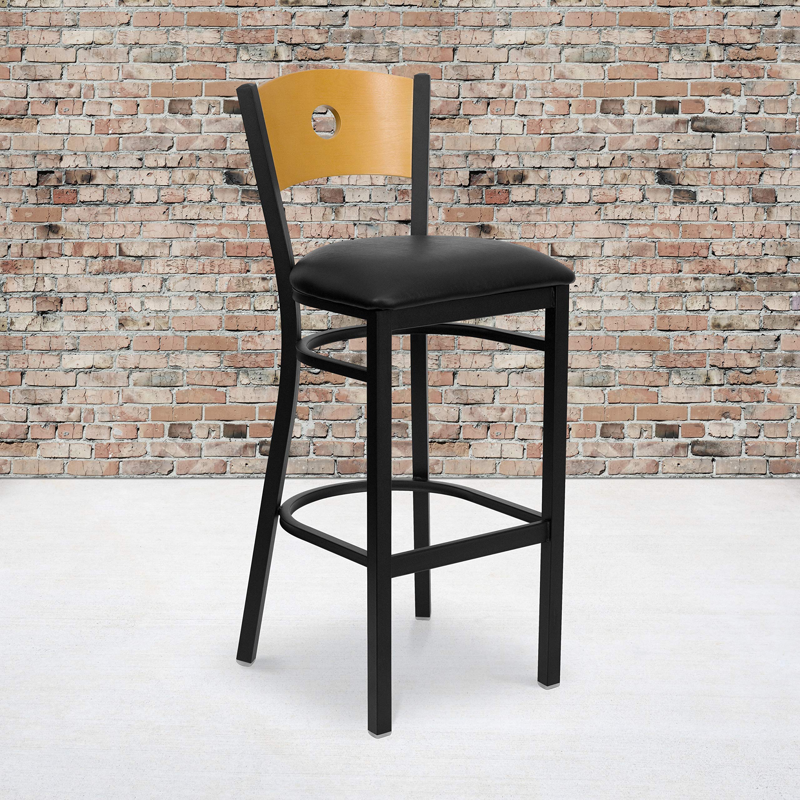 EMMA & OLIVER Black Metal Circle Back Barstool with Wood Back & Black Vinyl Seat - Modern Kitchen Island, Bar Counter, or Dining Room Stool for Home & Restaurant Use