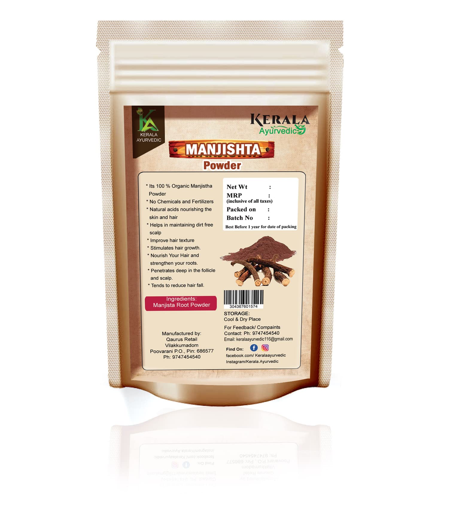 Organic Kerala Ayurvedic 100% Natural Manjistha Powder - 100g | Pure Herbal Supplement for Hair Care & Skin Health | No Chemicals, Vegan-Friendly | Perfect for DIY Beauty Treatments & Ayurvedic Remedies