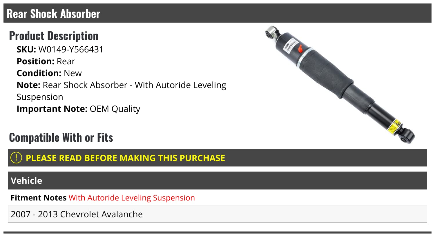2007-2013 Chevy Avalanche Rear Shock Absorber Replacement - Autoride Leveling Suspension Compatible - Smooth Ride for Off-Road & Towing