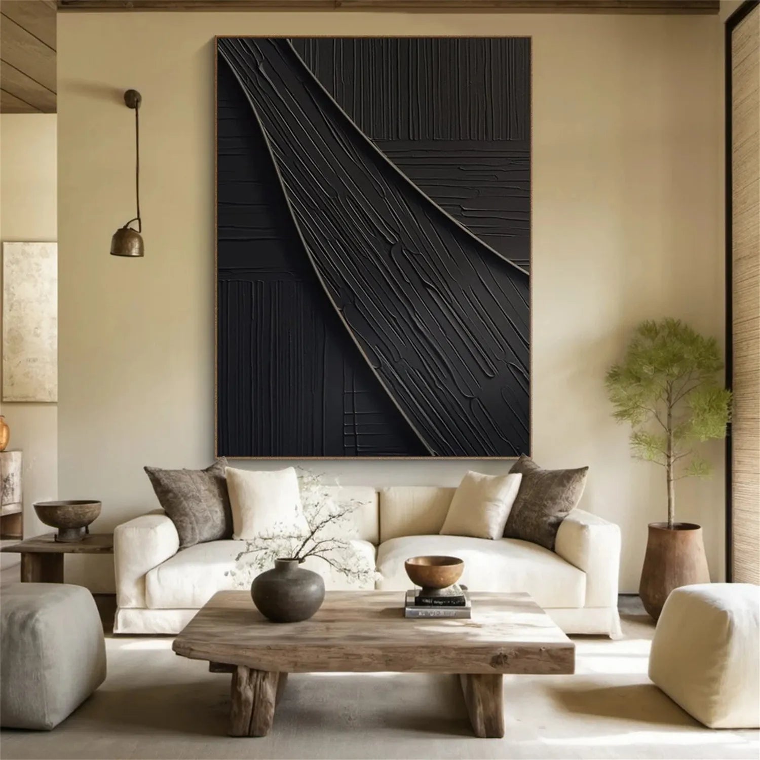 Black Plaster Art Minimalist Textured Wall Painting - Modern Abstract Home Decor for Living Room, Bedroom & Office #MZ112