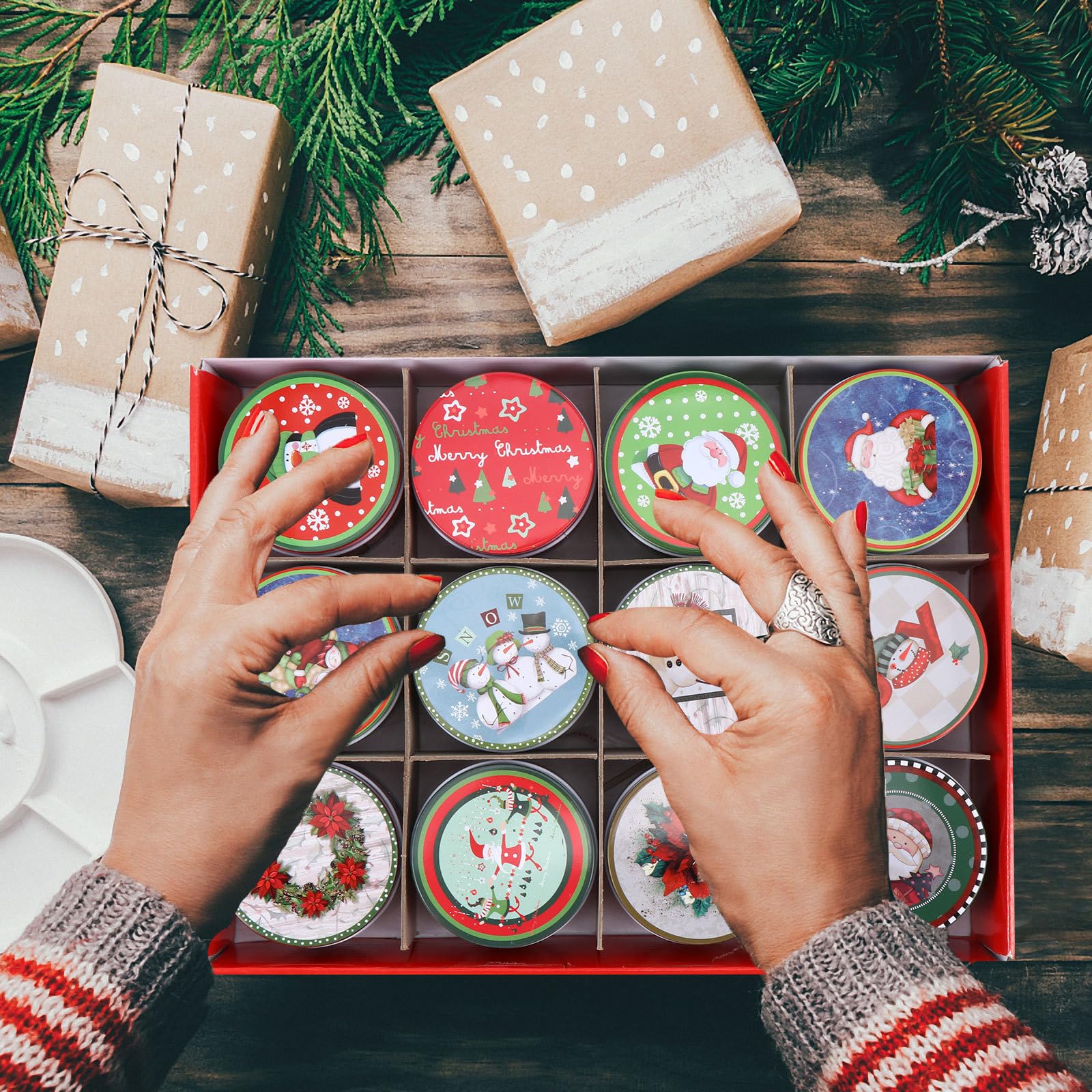 DOITOOL 12PCS Christmas Cookie Tins with Lids - Round Holiday Candy Storage Containers, Small Metal Cookie Box Set for Xmas Gifts, Party Favors & Baking Treats (2.95x2.95x1.97 Inch) - Perfect for Holiday Gift Wrapping, Cookie Exchanges & Festive Dessert Displays