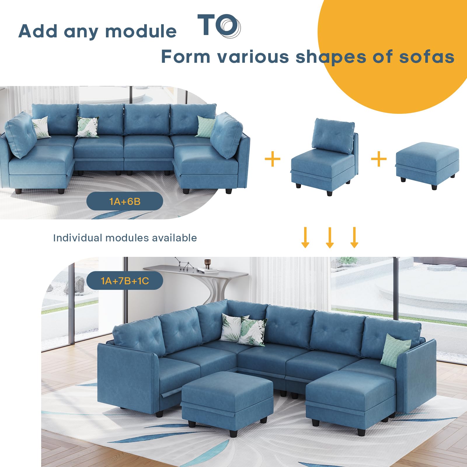 Modular Sofa Set with Side Armrests - Customizable Sectional Couch in Breathable Faux Leather (Navy Blue) - Perfect for Living Room, Lounge & Home Theater Seating