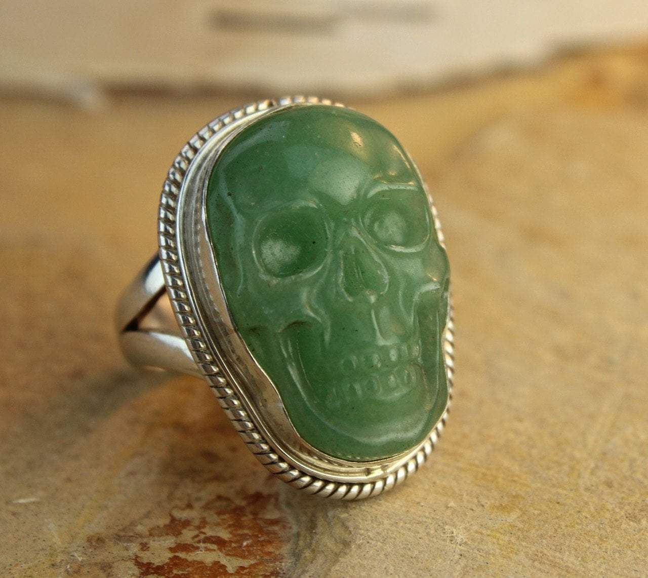 Hand Carved Genuine Jade Skull Ring for Men - Size 8 - Gothic Punk Jewelry for Halloween, Cosplay & Alternative Fashion