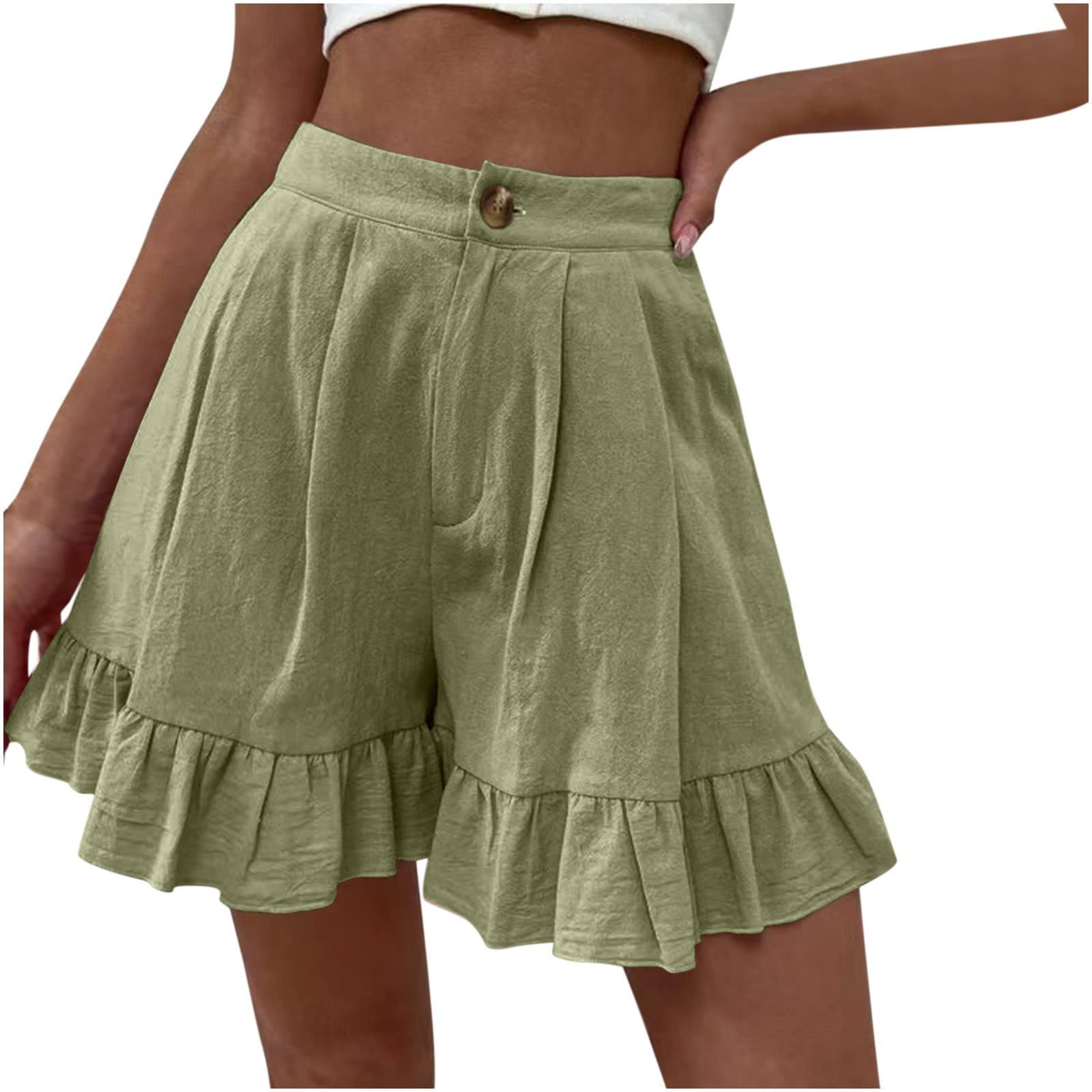Women's Summer Green Elastic Waist Drawstring Shorts with Pockets - Folded Loose Casual Short Pants for Outdoor Activities, Beach, and Travel