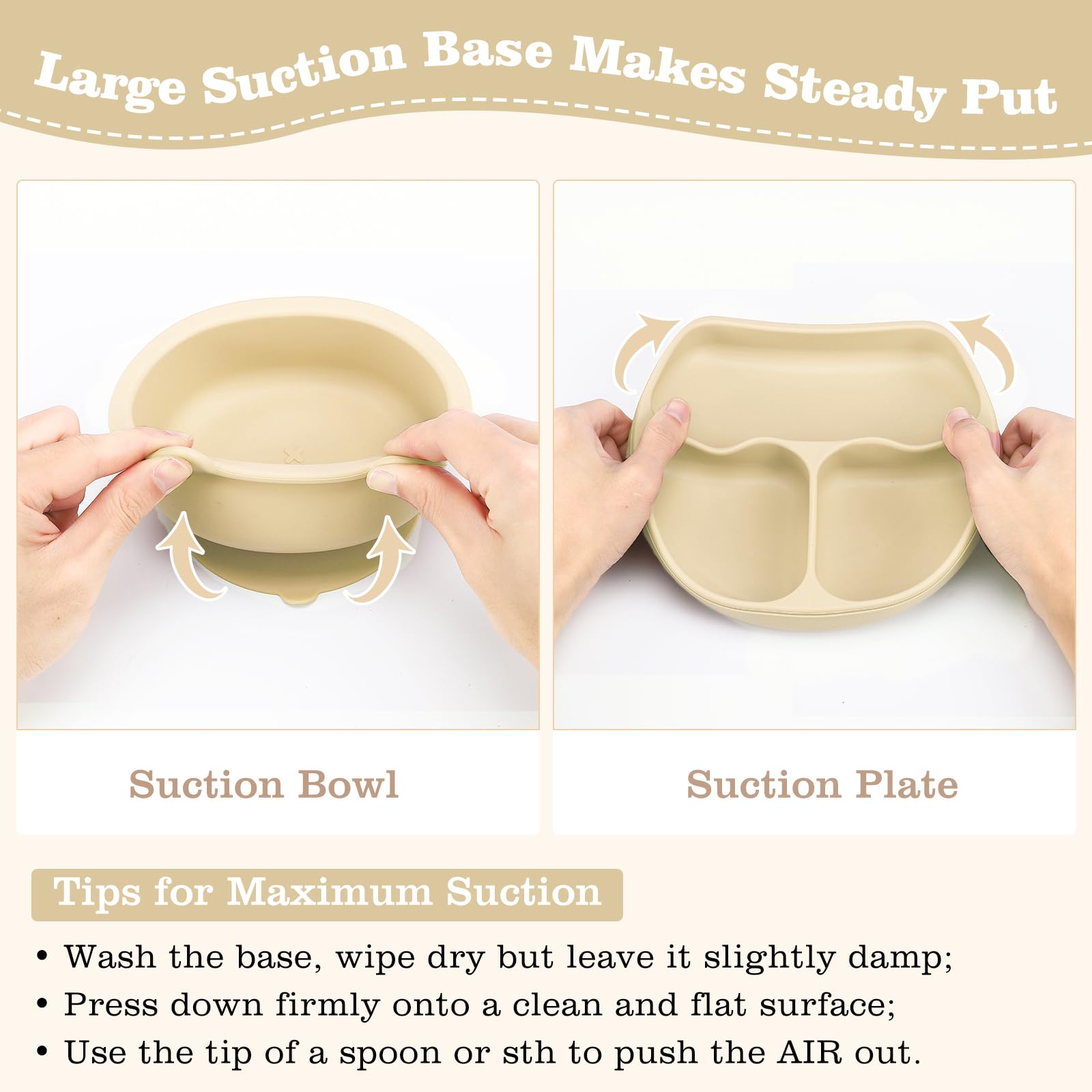 **Silicone Baby Feeding Set - Self Feeding Dish with Suction Bowl, Divided Plate, Spoons, Forks, Sippy Cup & Adjustable Bib - Toddler Weaning Supplies for 6+ Months (Beige) - Perfect for Baby-Led Weaning, Mess-Free Meals & Travel**