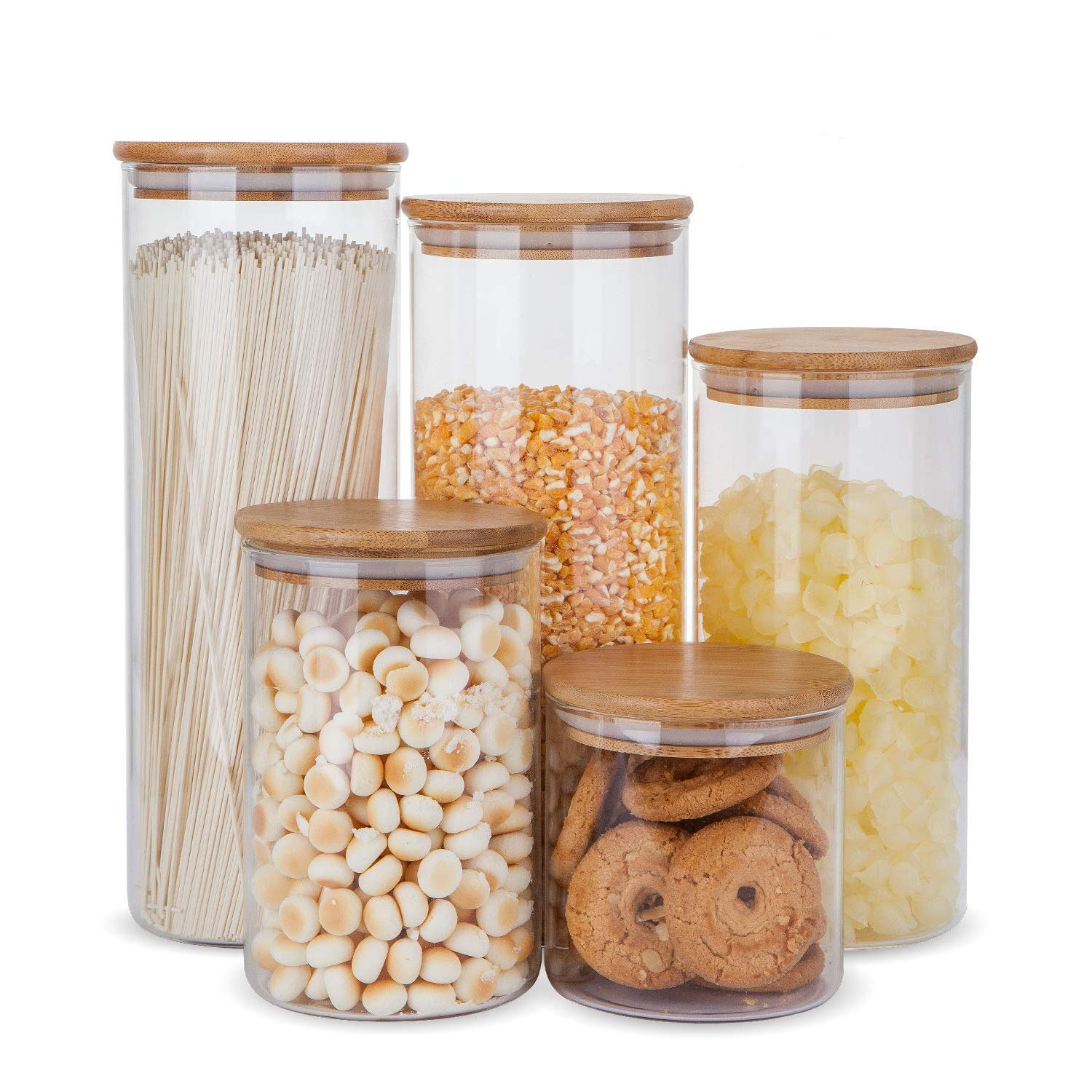 Eco-Friendly Glass Food Storage Containers with Bamboo Wooden Lids - 5-Piece Set for Meal Prep, Pantry Organization & Leftovers | Airtight, BPA-Free Kitchen Containers