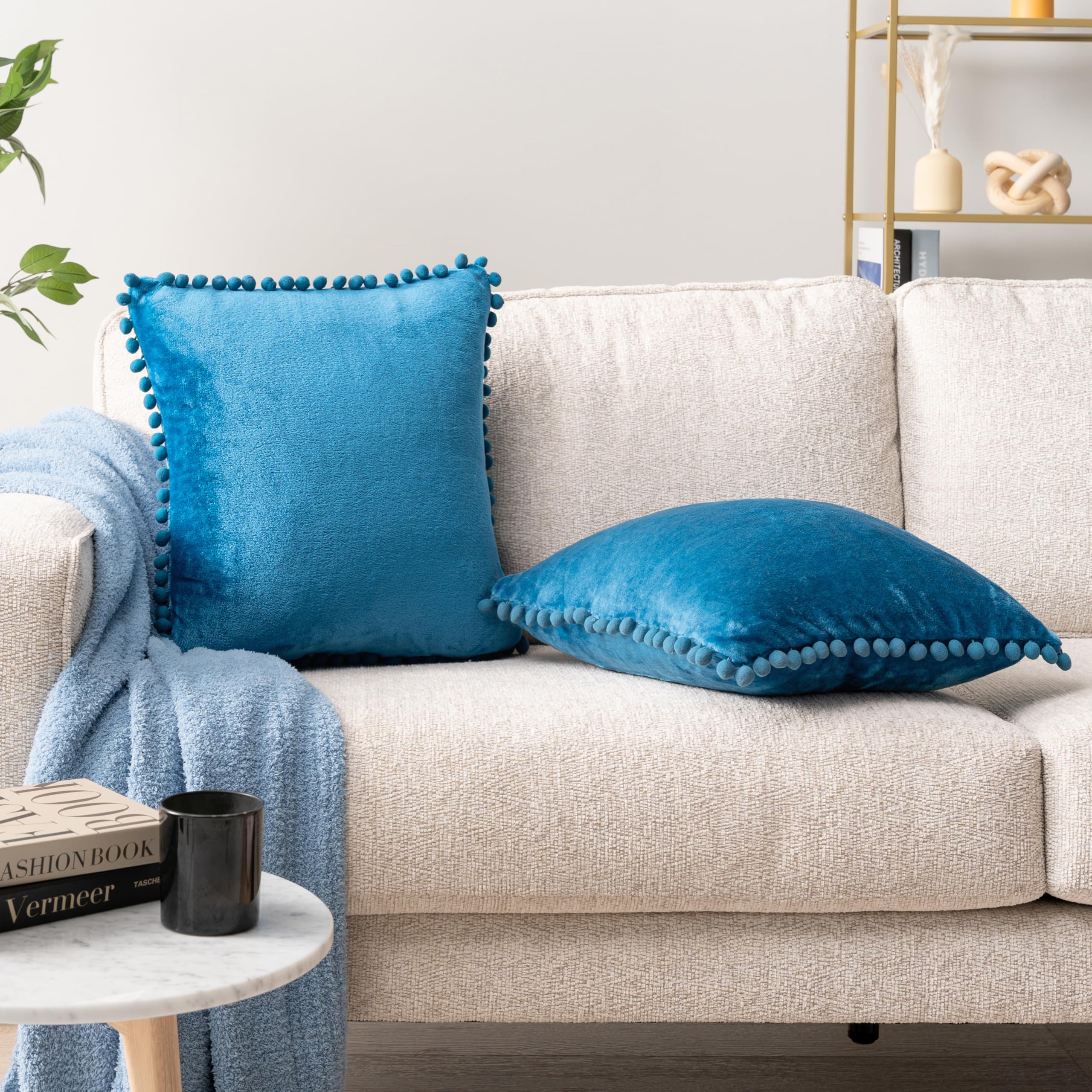 PAVILIA Teal Blue Velvet Throw Pillow Covers 18x18 Inches Set of 2 - Soft Plush Pom Pom Decorative Cushion Covers for Sofa, Couch & Bed - Luxury Home Decor for Living Room, Bedroom & Dorm Aesthetic