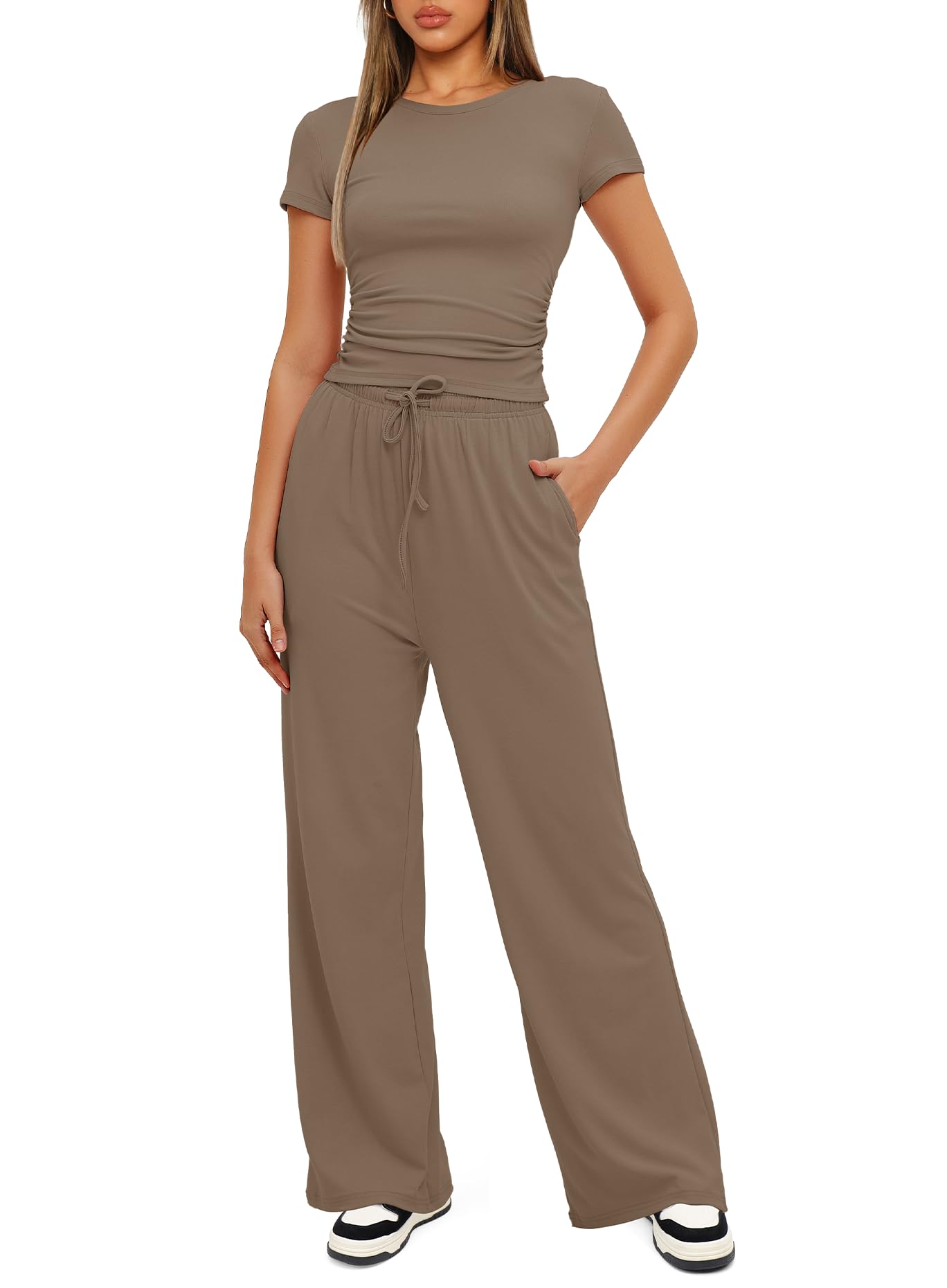 Darong Women's 2 Piece Lounge Set - Ruched Short Sleeve Top & High Waisted Wide Leg Pants Tracksuit Outfit | Casual Wear, Yoga, Home Comfort, Street Style Fashion